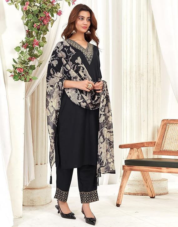 SIRIL Women’s Cotton Blend Embroidered Straight Kurta Pant with Dupatta Set | Ethnic Wear for Women | Party Wear, Office Wear & Casual Kurti Set Malaysia