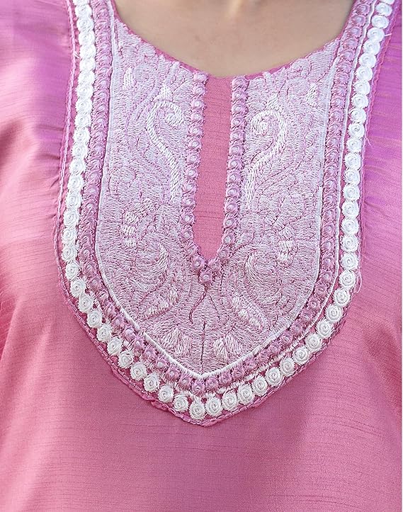 SKYLEE Women’s Dark PINK Silk Blend Kurta Set with Embroidery, Pants &amp; Dupatta | Ethnic Wear Malaysia | Festive &amp; Wedding Outfit