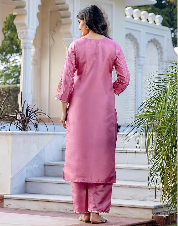 SKYLEE Women’s Dark PINK Silk Blend Kurta Set with Embroidery, Pants &amp; Dupatta | Ethnic Wear Malaysia | Festive &amp; Wedding Outfit