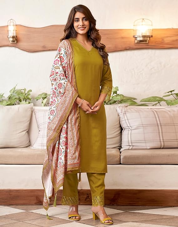 SKYLEE Women Floral Print Straight Kurta Suit Set with Dupatta | Cotton Blend Kurti Pant Set | Indian Ethnic Wear for Women Malaysia