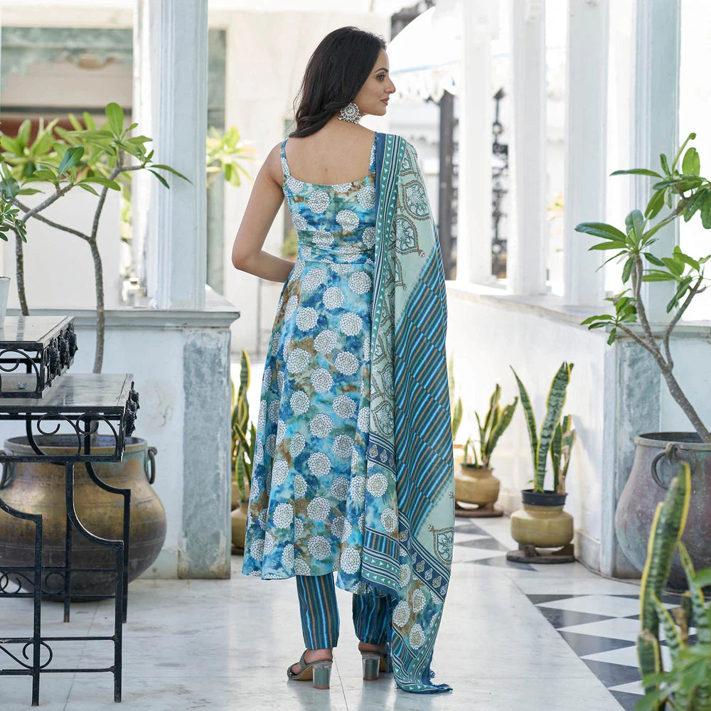Premium Blue Printed Anarkali Style Chanderi Suit