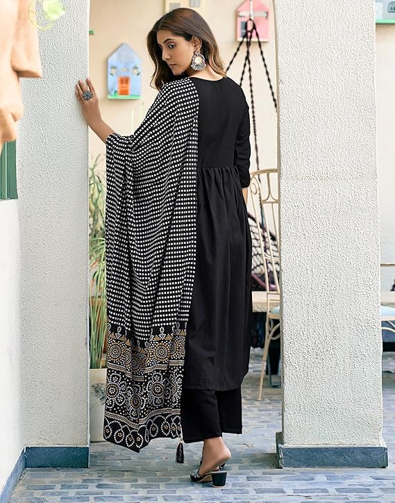 SKYLEE Women’s Embroidered Straight Kurta Set with Pants & Dupatta | Cotton Blend Ethnic Suit | Modest Fashion Kurti Set Malaysia