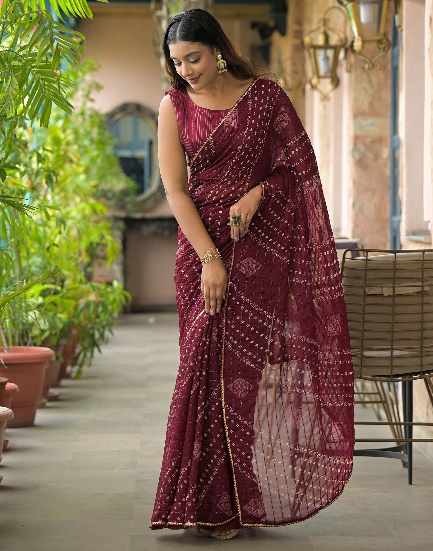 maroon  Color Georgette Saree With Sequence Work