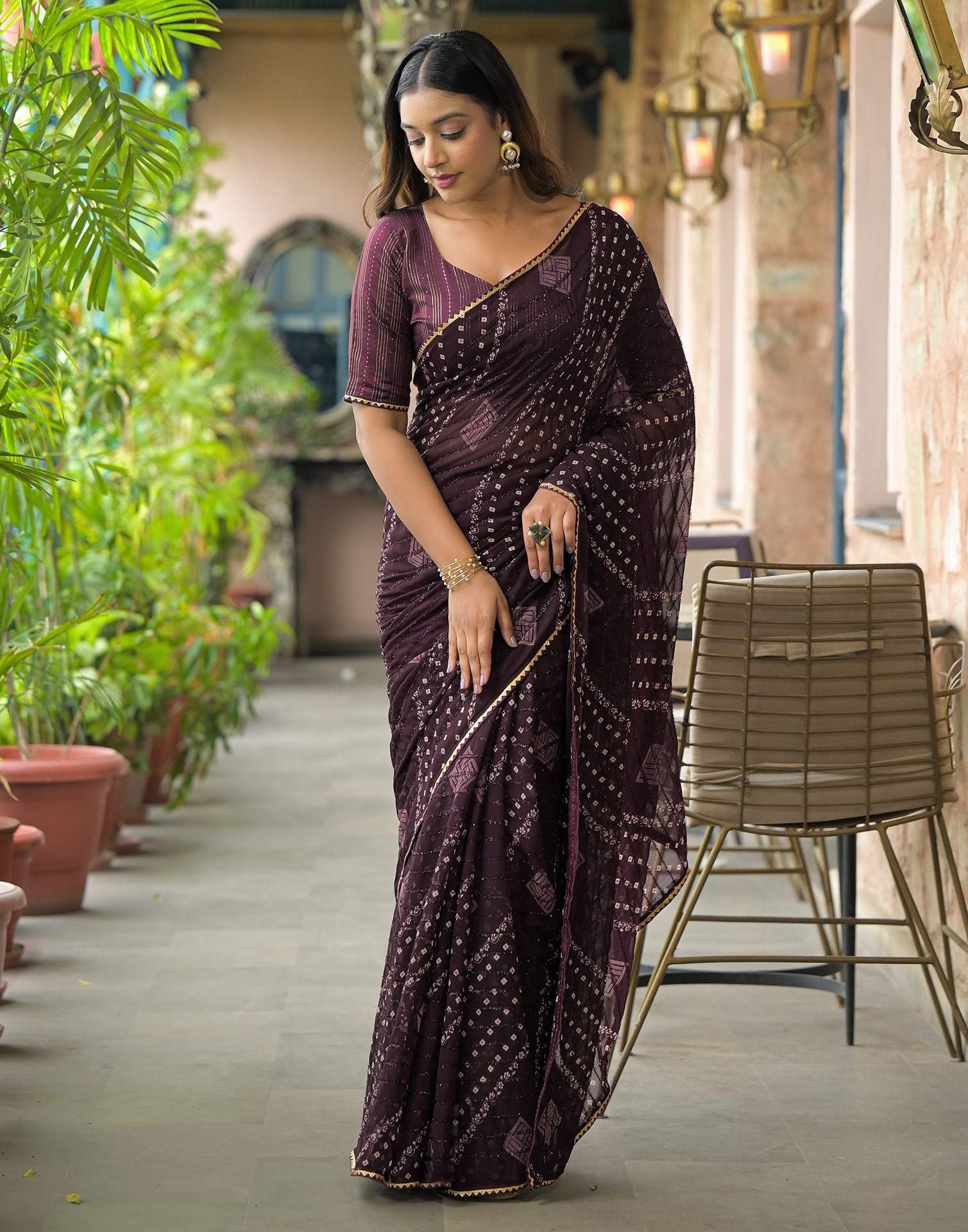 WINE  Color Georgette Saree With Sequence Work