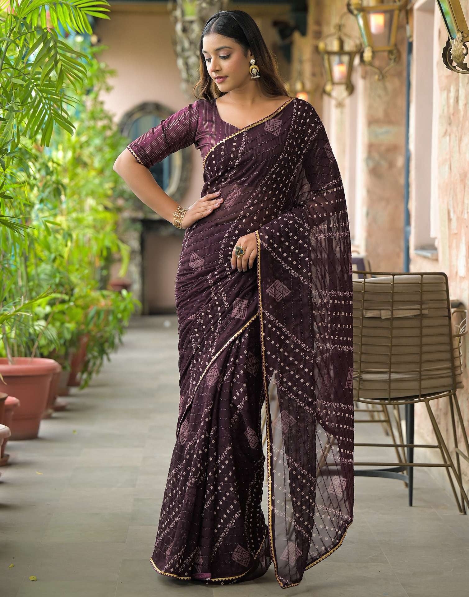WINE  Color Georgette Saree With Sequence Work