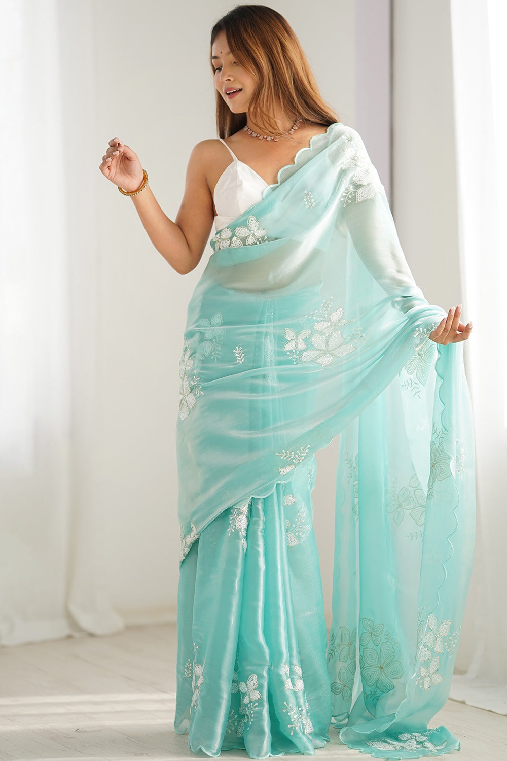 JimmyChoo sartin  Embroidery Work Saree With Unstitched Blosue