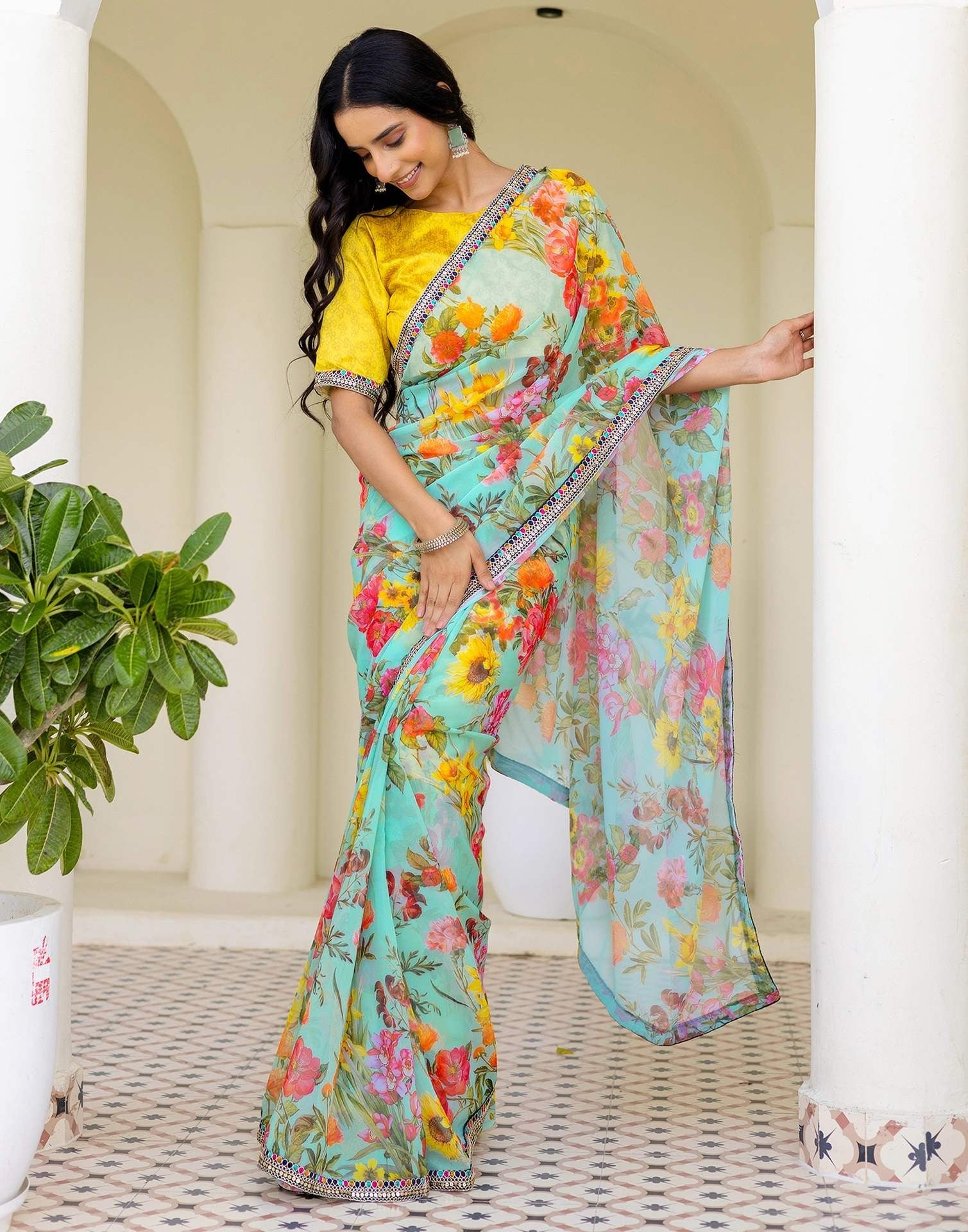 PISTA Color Georgette Saree With Sequence Work