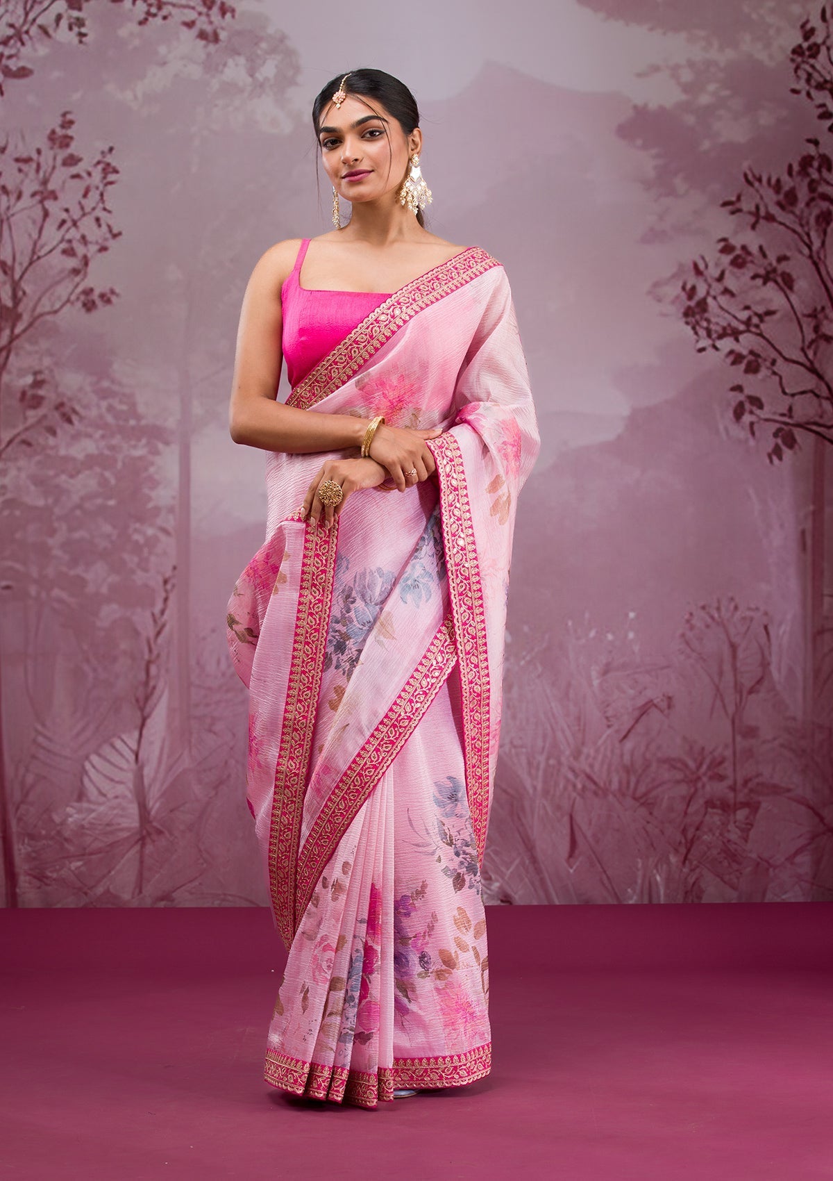 pink  Color chinon  Saree With Sequence Work