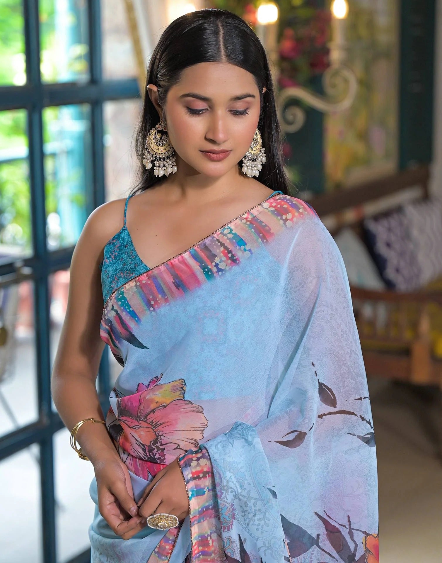 blue Color georgette  Saree With Sequence Work