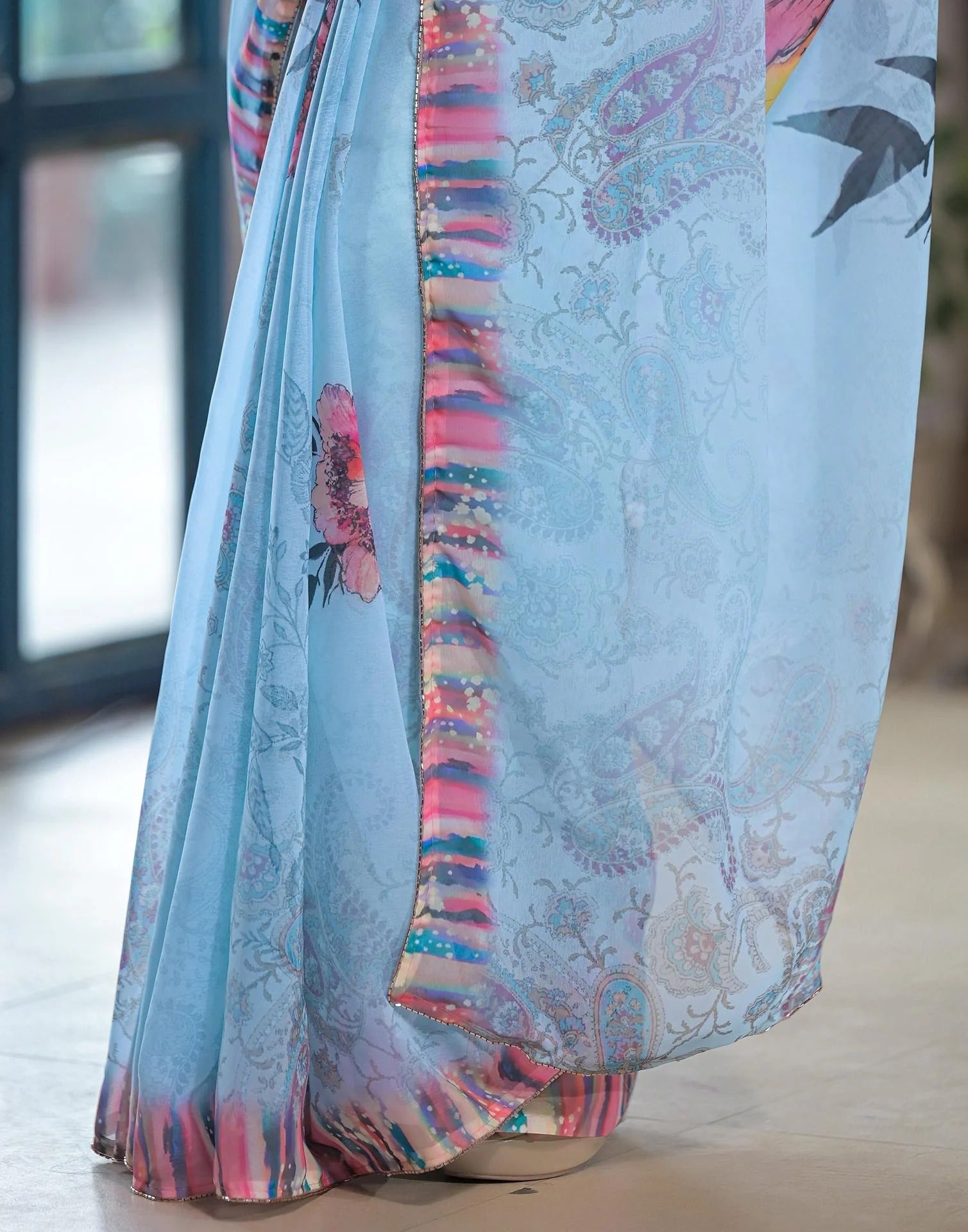blue Color georgette  Saree With Sequence Work