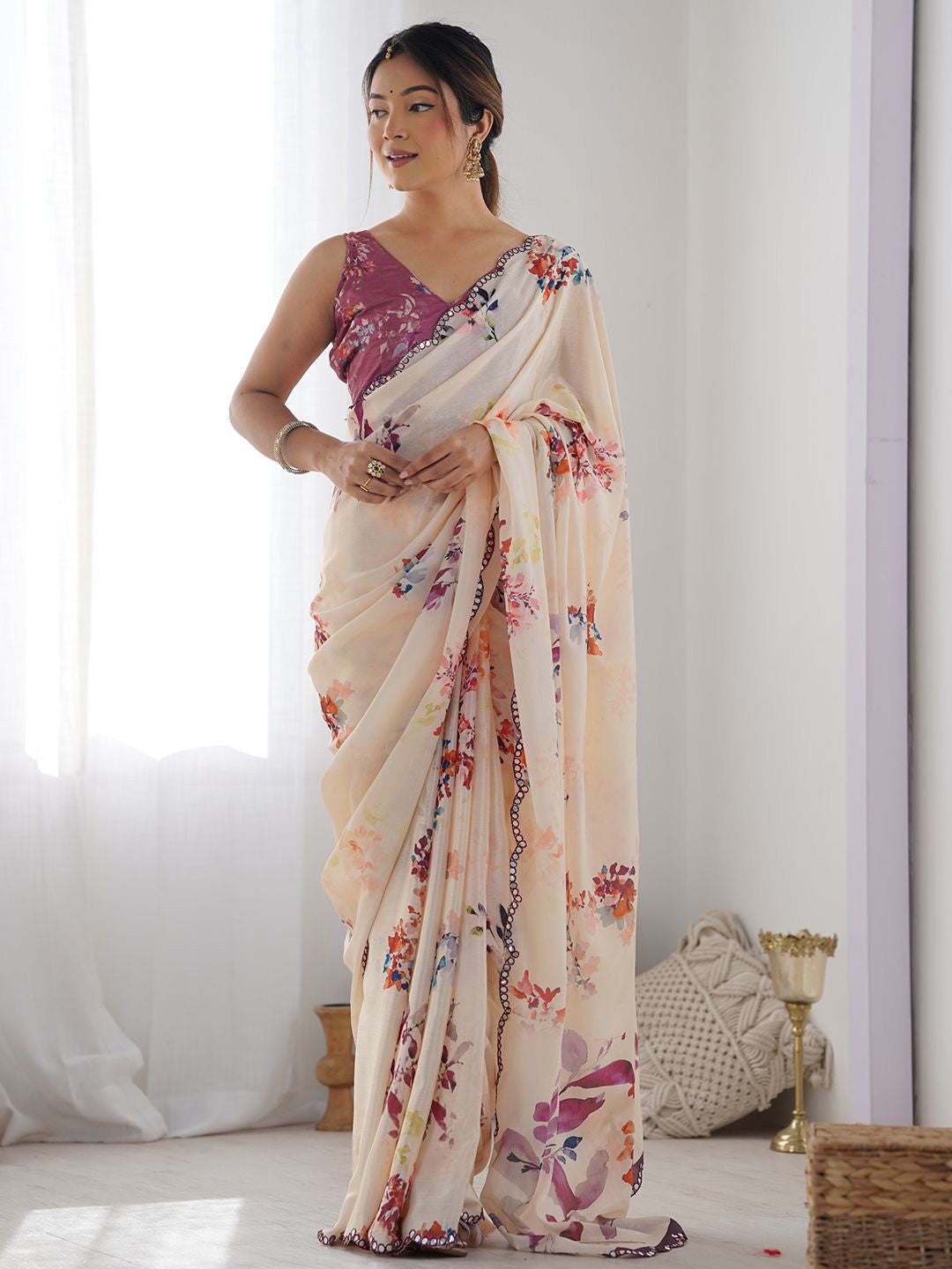 crean flower  Color georgette  Saree With Sequence Work