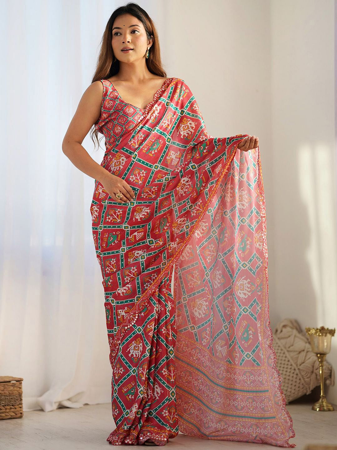 red Color georgette  Saree With Sequence Work