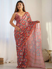 red Color georgette  Saree With Sequence Work
