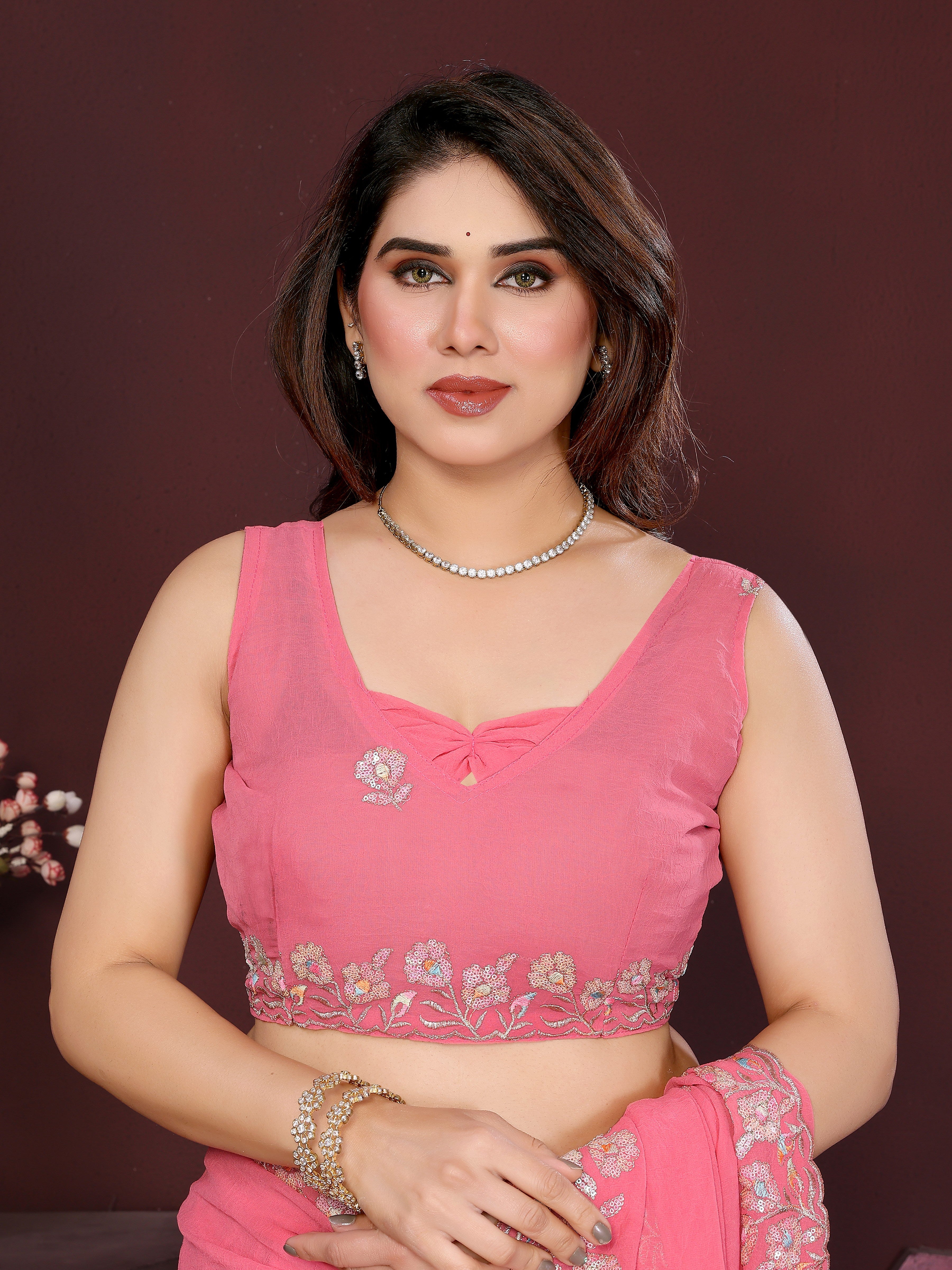Peach Color georgette  Saree With Sequence Work