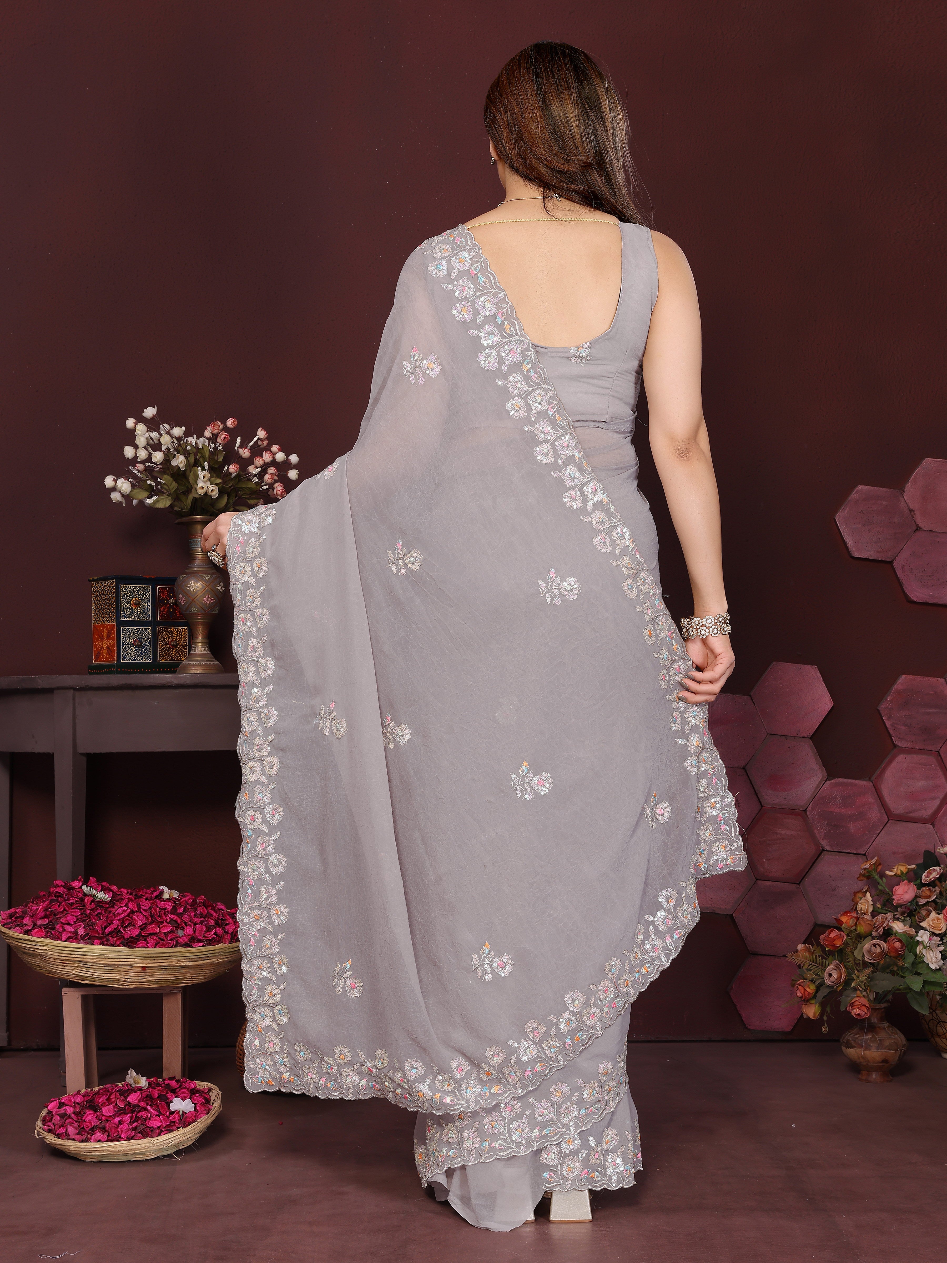 GREY Color georgette  Saree With Sequence Work