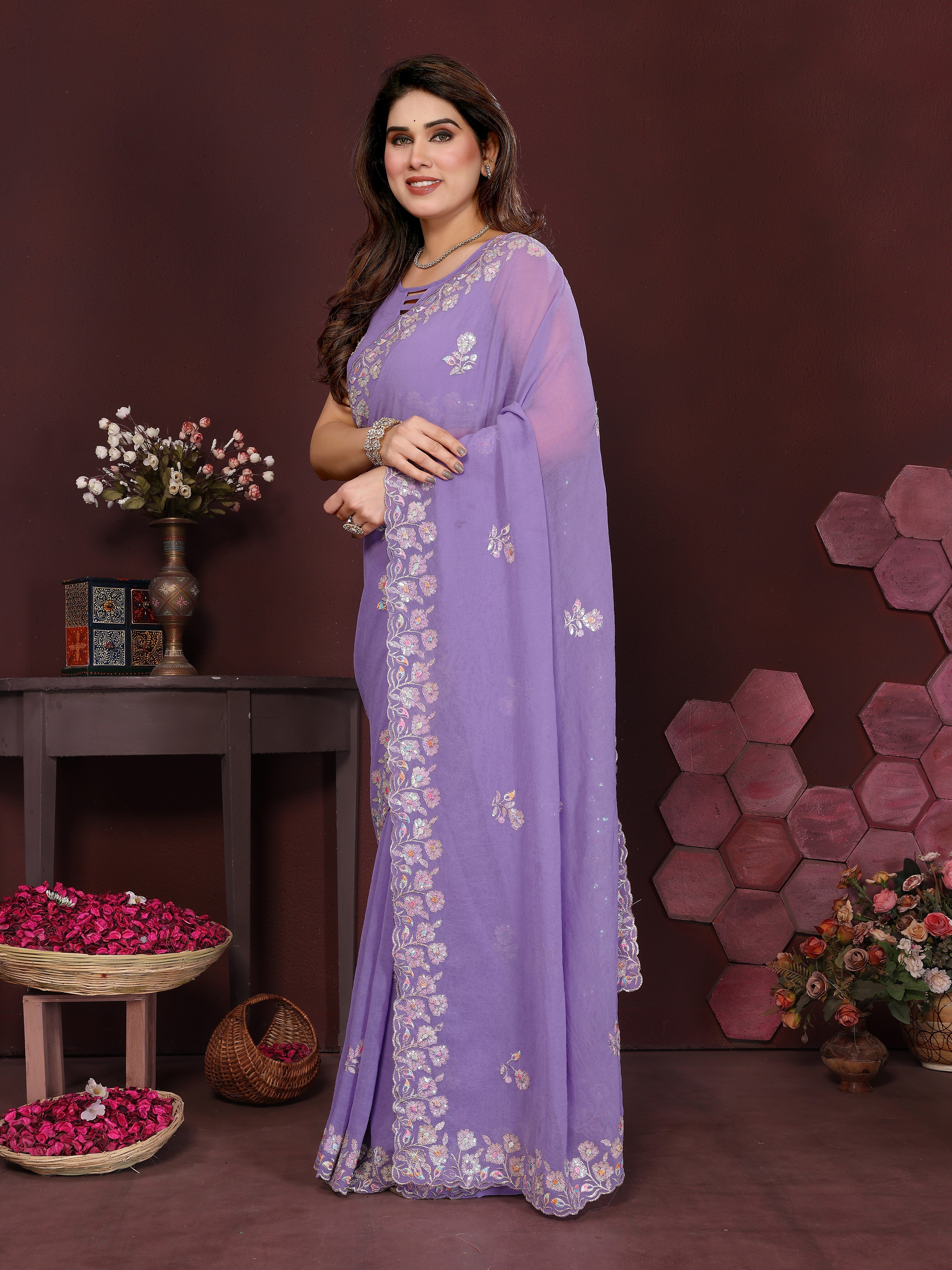 LAVENDER Color georgette  Saree With Sequence Work