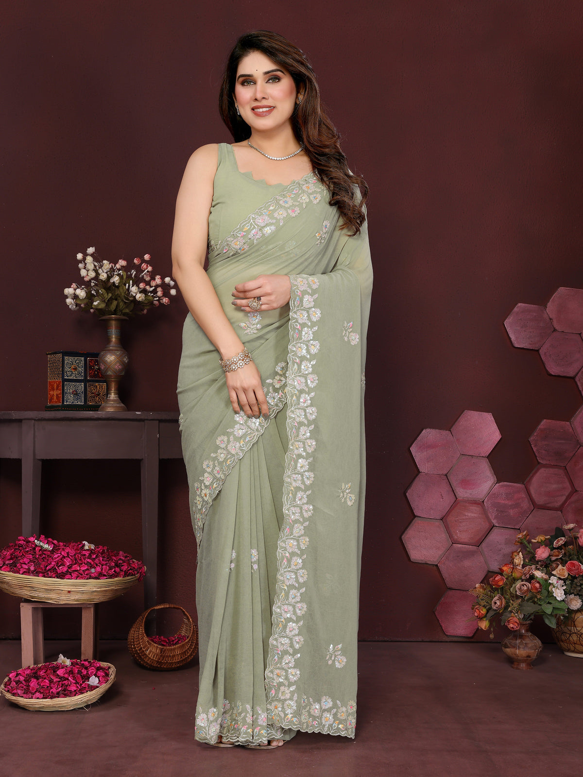 PISTA Color georgette  Saree With Sequence Work