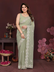 PISTA Color georgette  Saree With Sequence Work