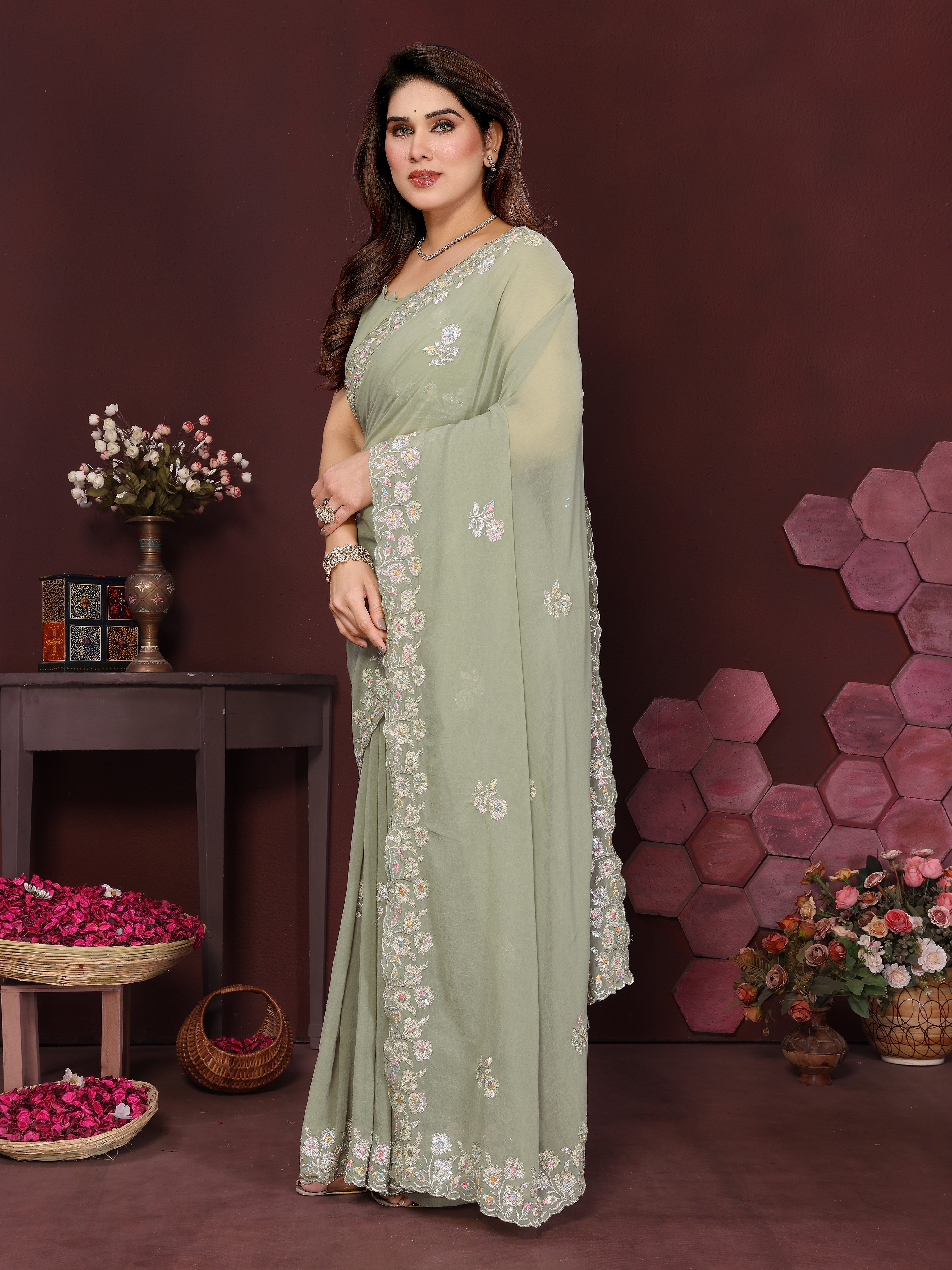 PISTA Color georgette  Saree With Sequence Work