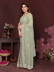 PISTA Color georgette  Saree With Sequence Work