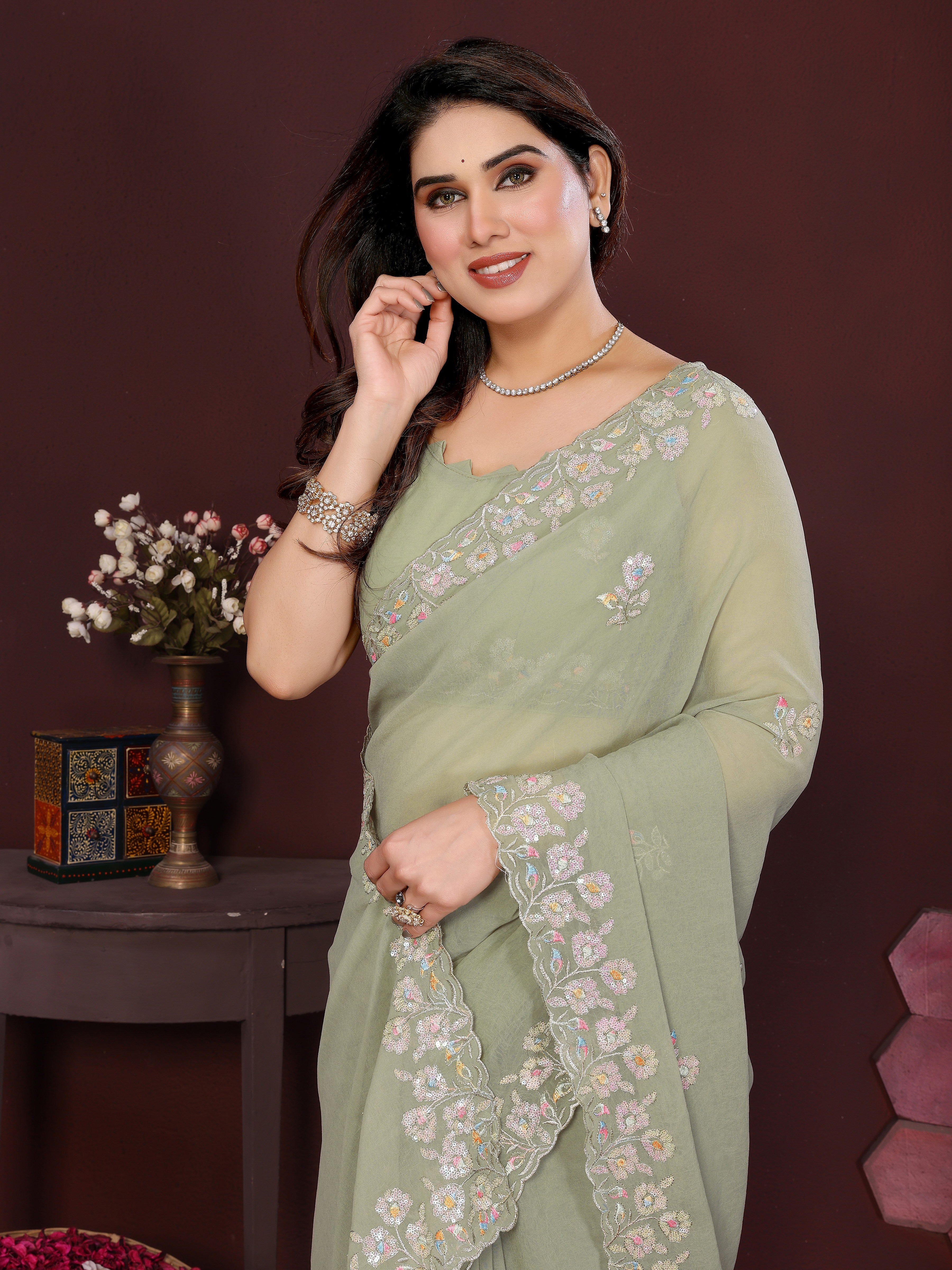 PISTA Color georgette  Saree With Sequence Work