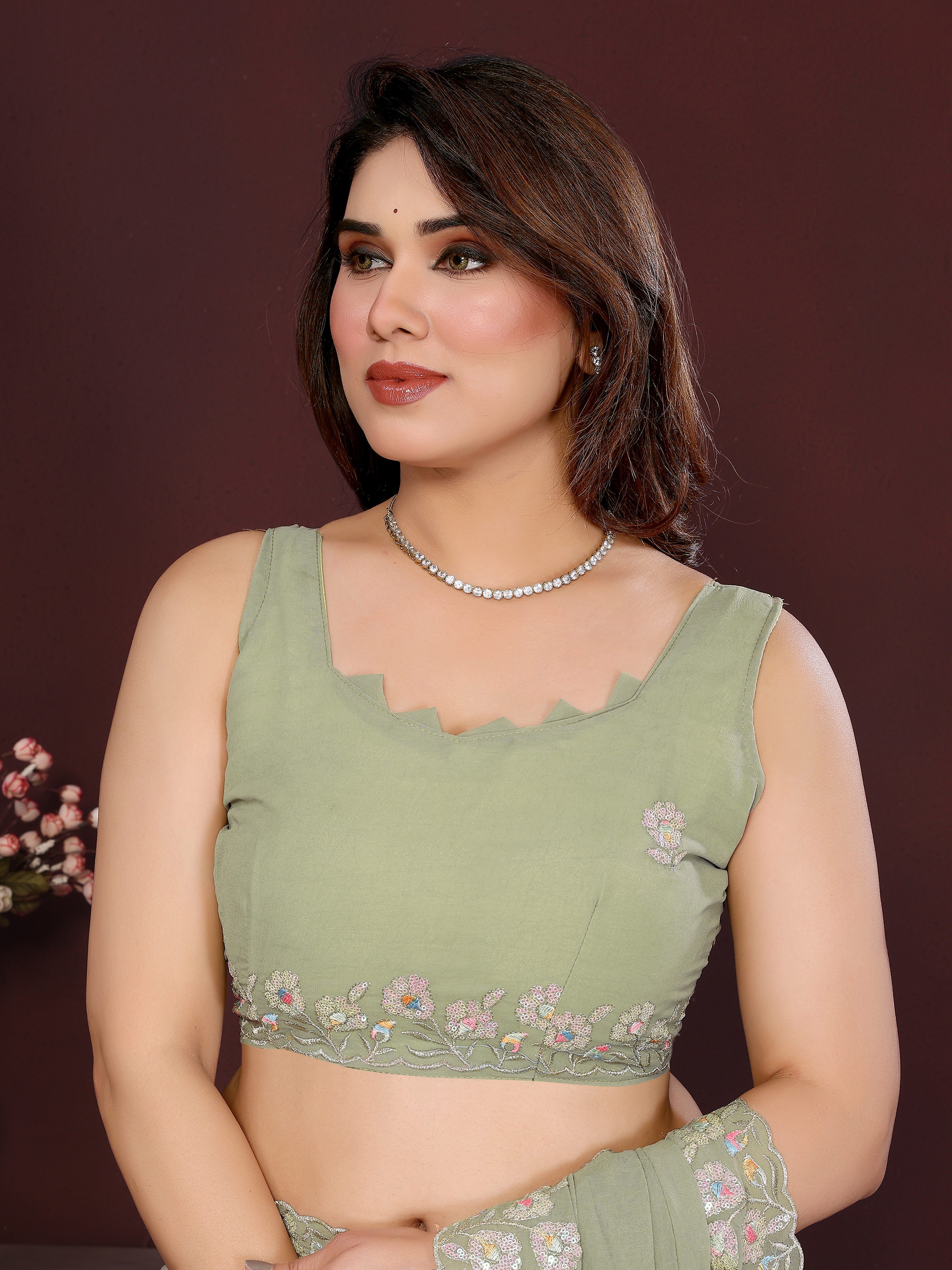 PISTA Color georgette  Saree With Sequence Work