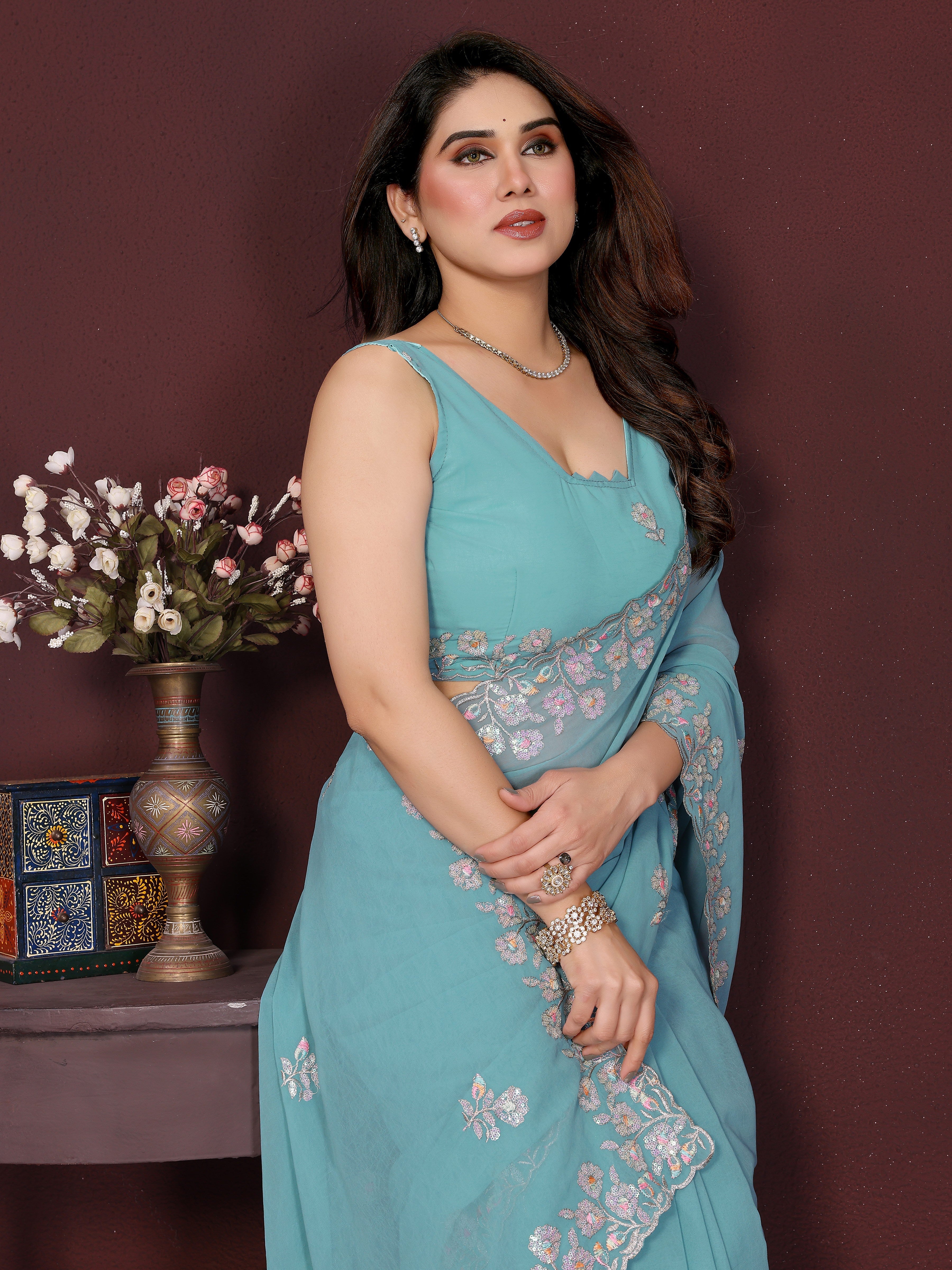 TURQUOISE BLUE Color georgette  Saree With Sequence Work