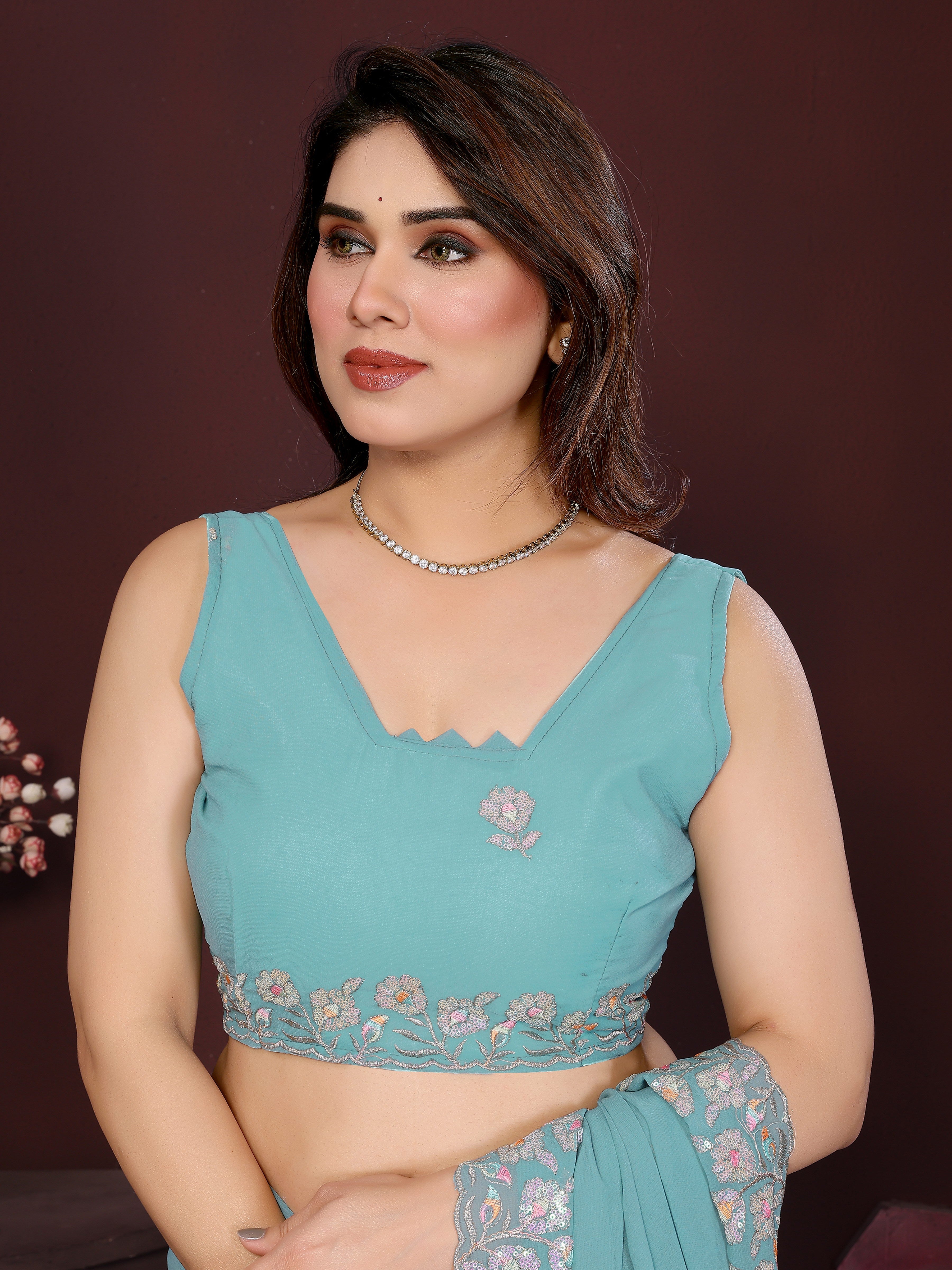 TURQUOISE BLUE Color georgette  Saree With Sequence Work