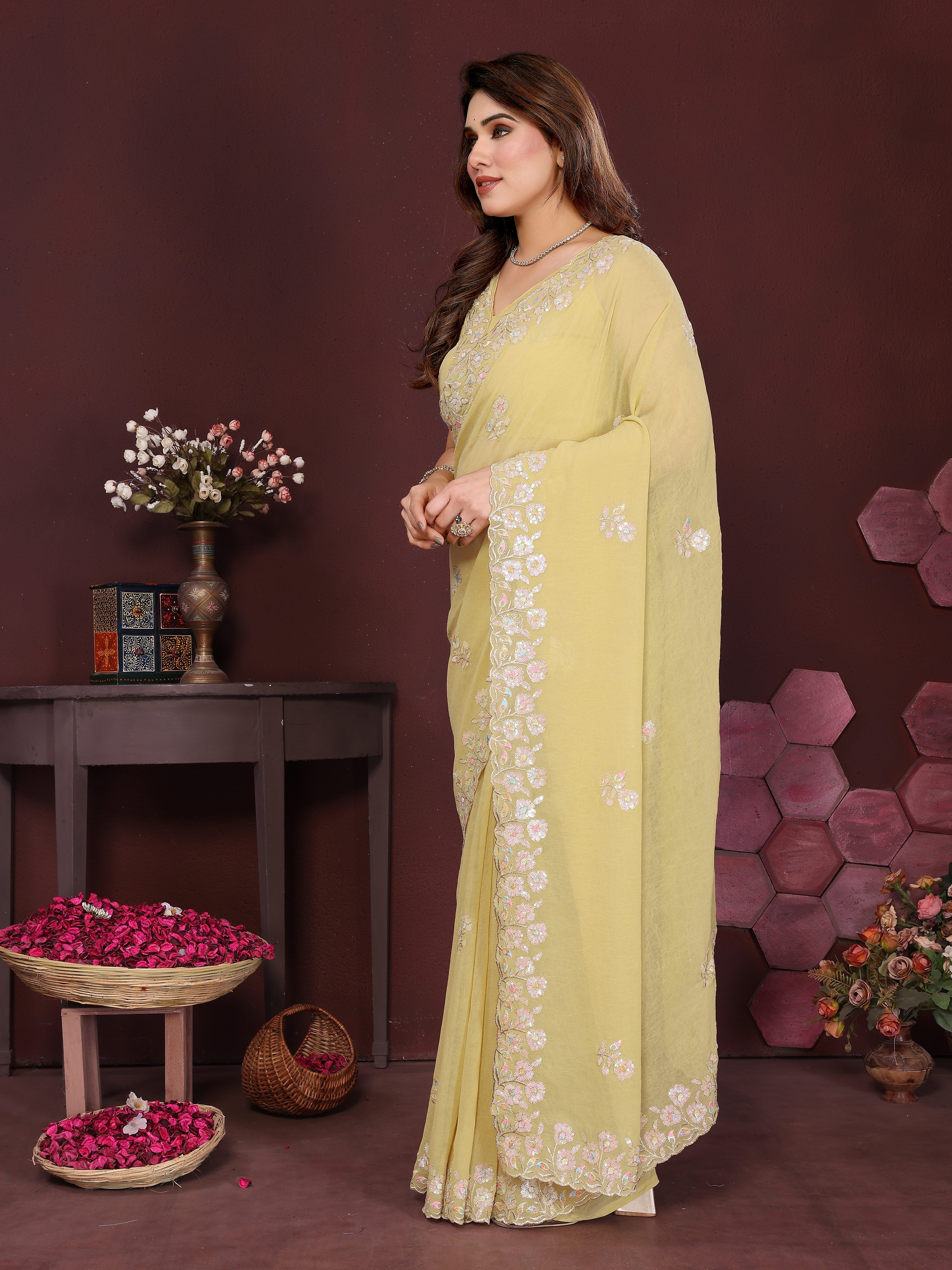 YELLOW Color georgette  Saree With Sequence Work