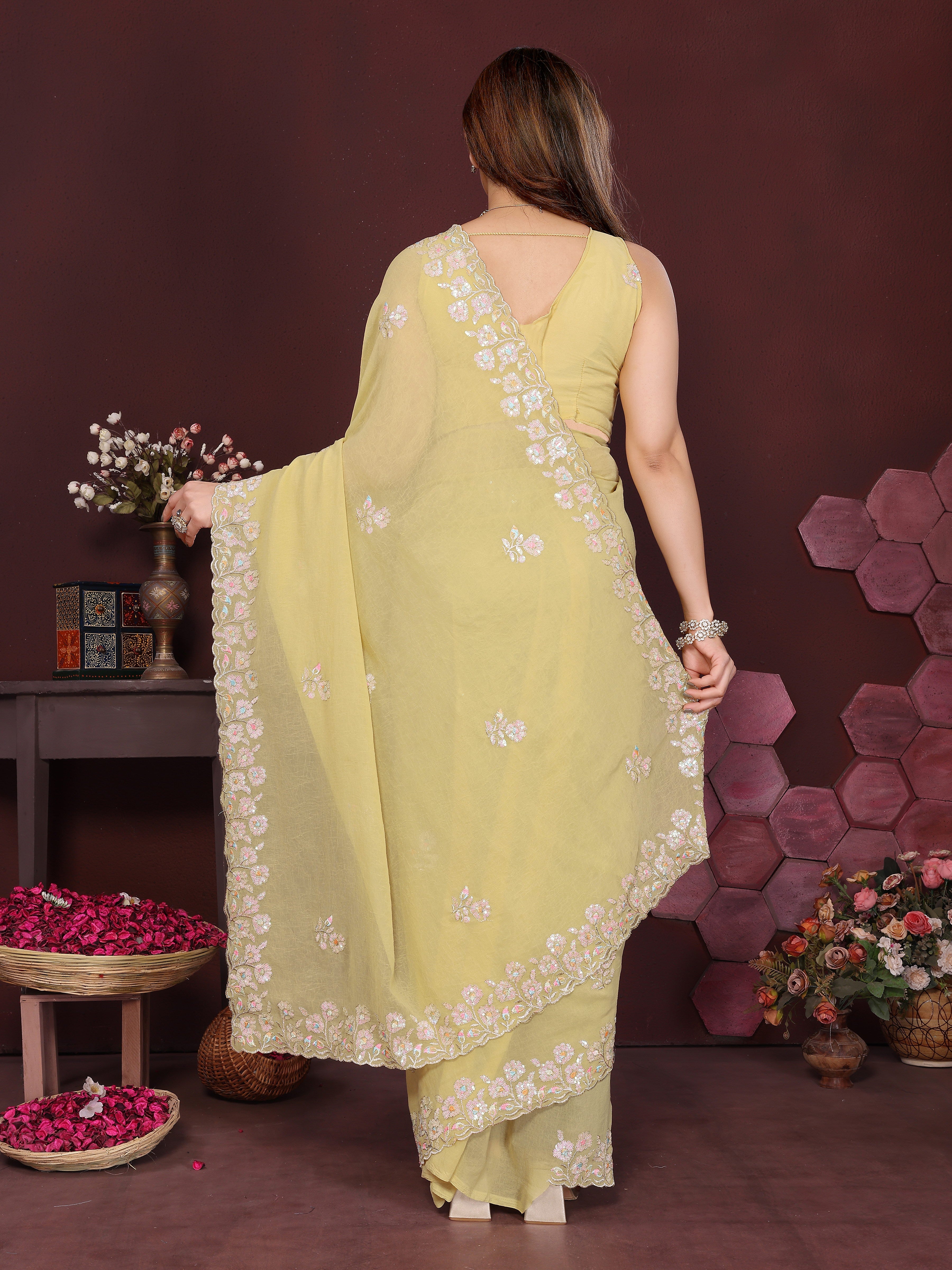 YELLOW Color georgette  Saree With Sequence Work