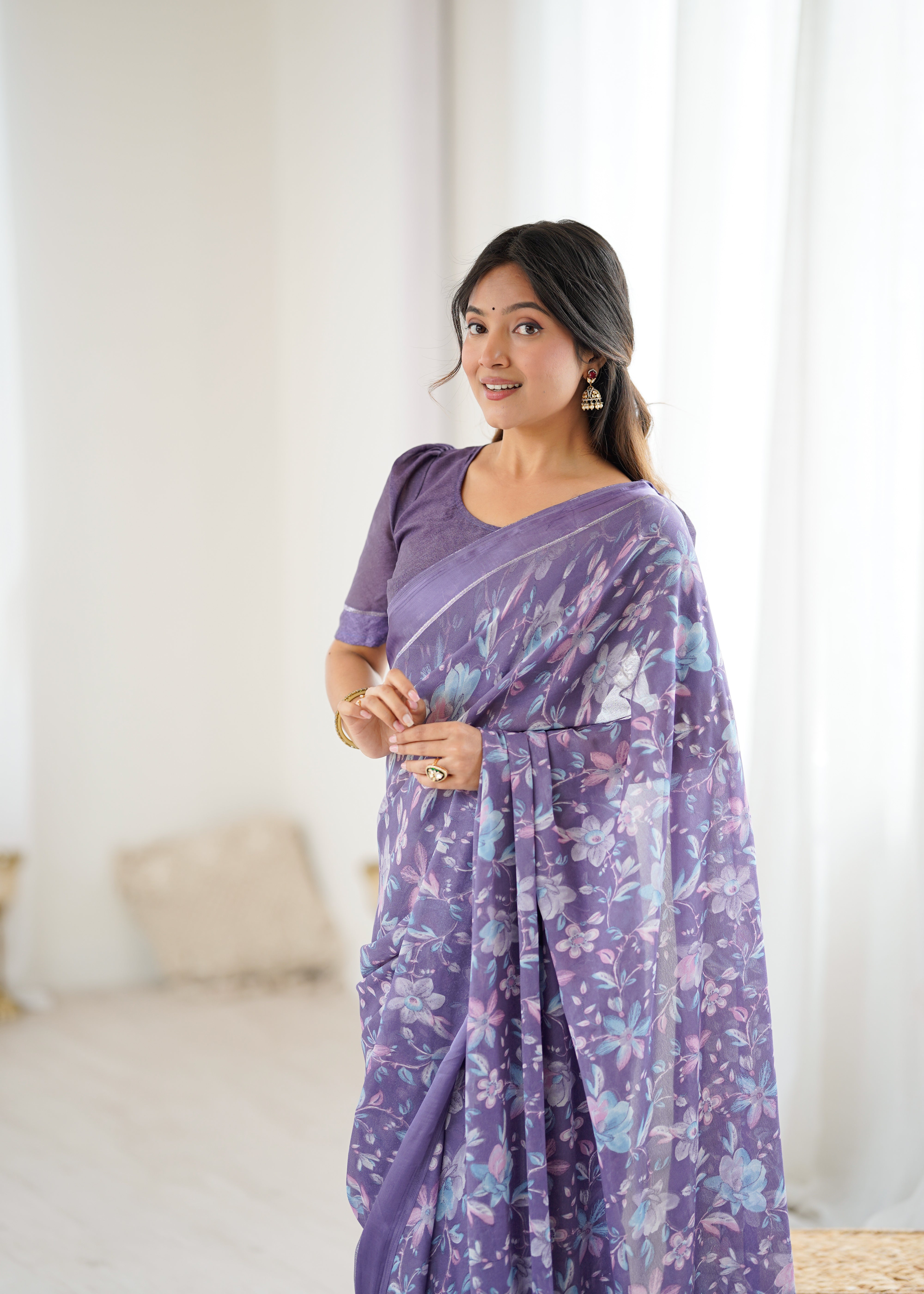 lavender Color Mossatin Saree With Sequence Work