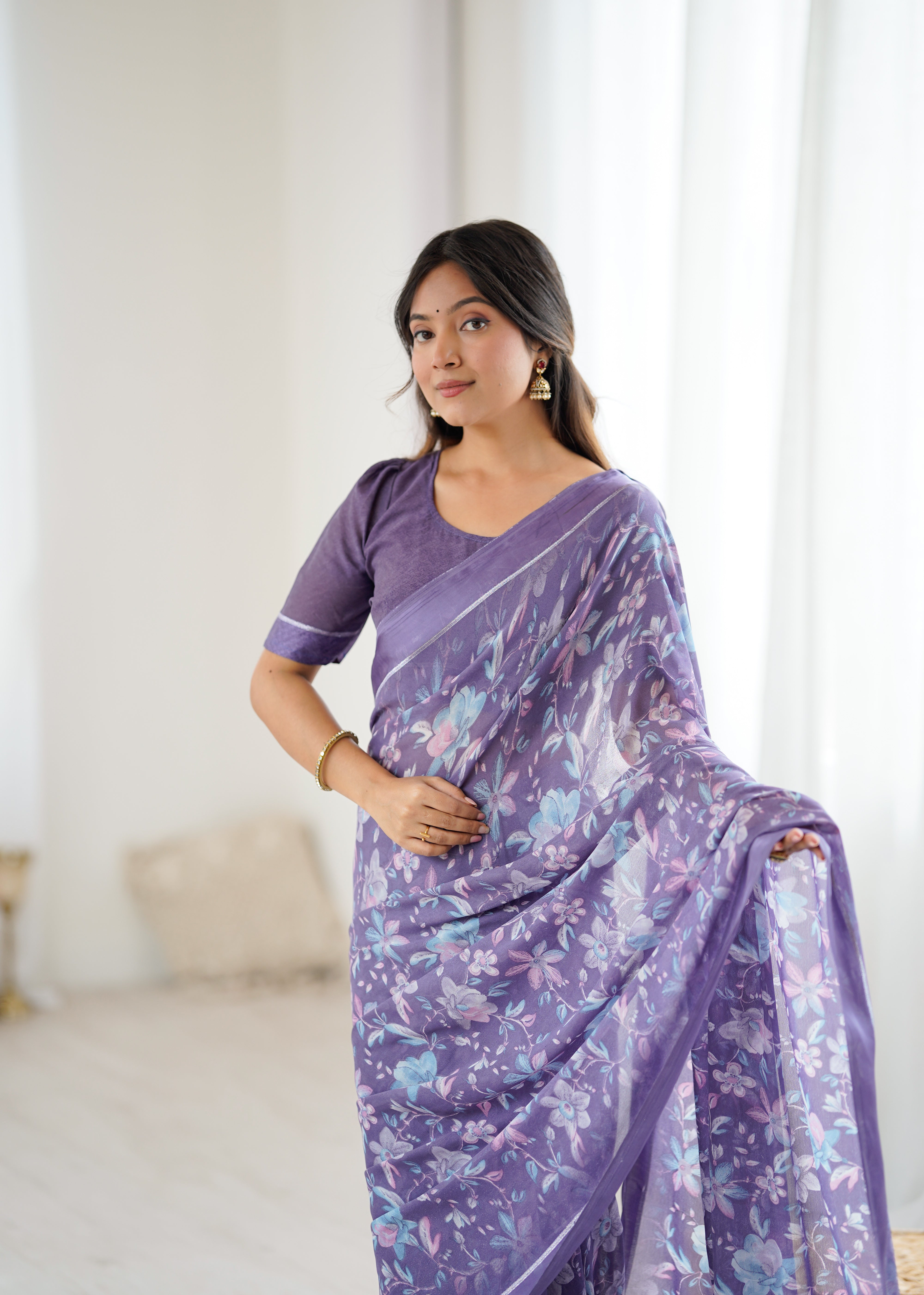 lavender Color Mossatin Saree With Sequence Work