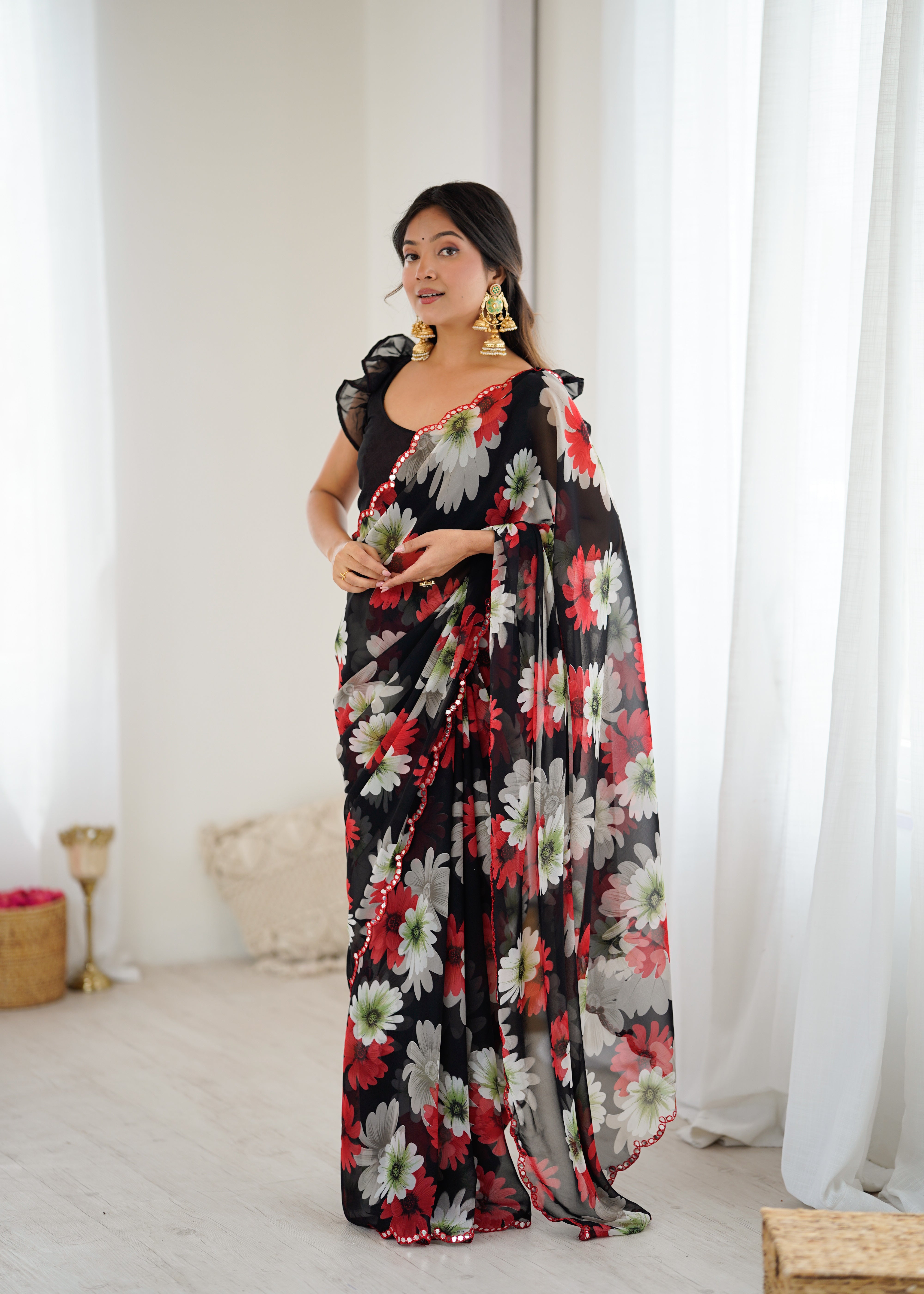 black Color georgette  Saree With Sequence Work