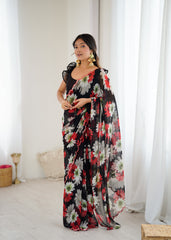 black Color georgette  Saree With Sequence Work