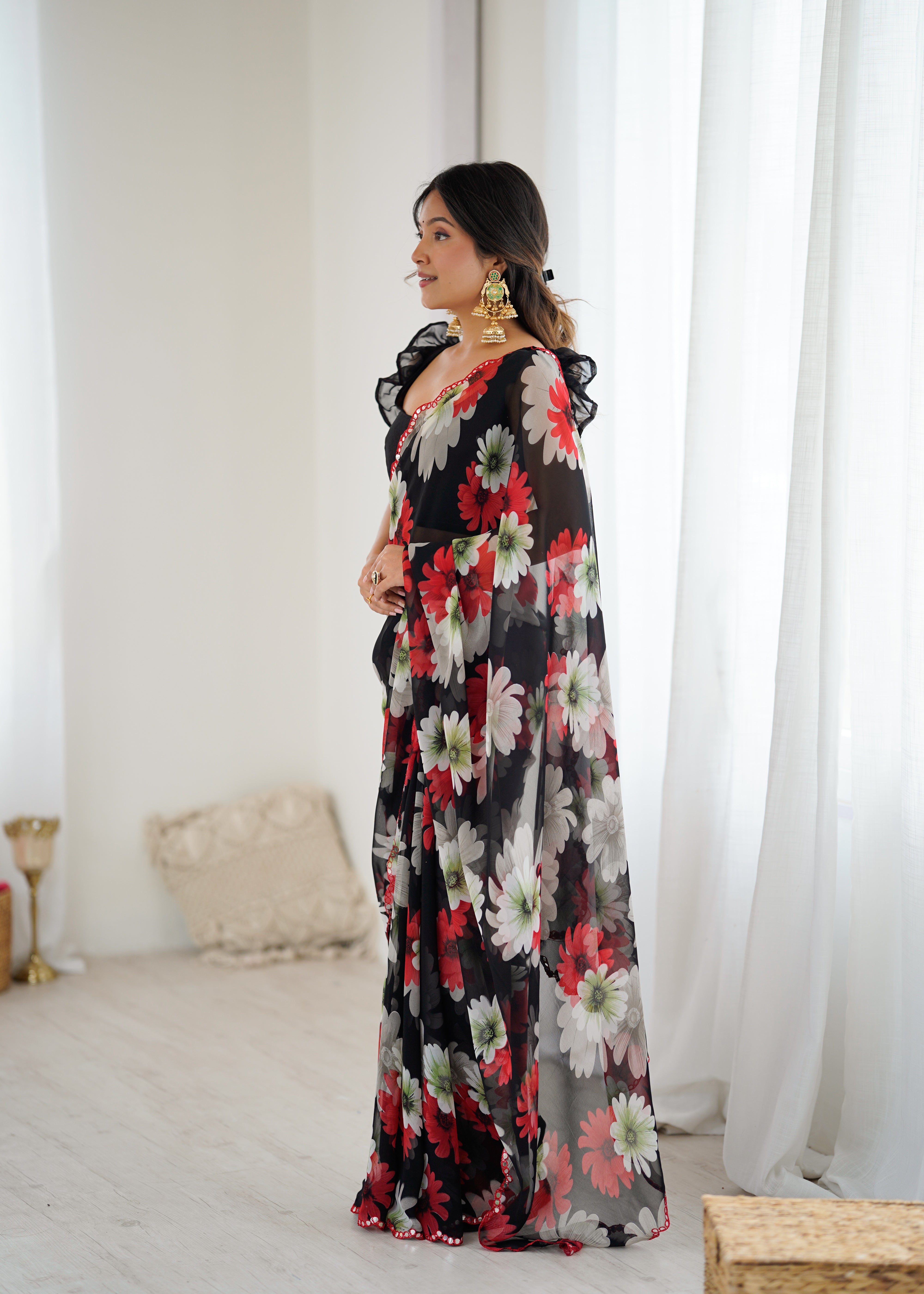 black Color georgette  Saree With Sequence Work