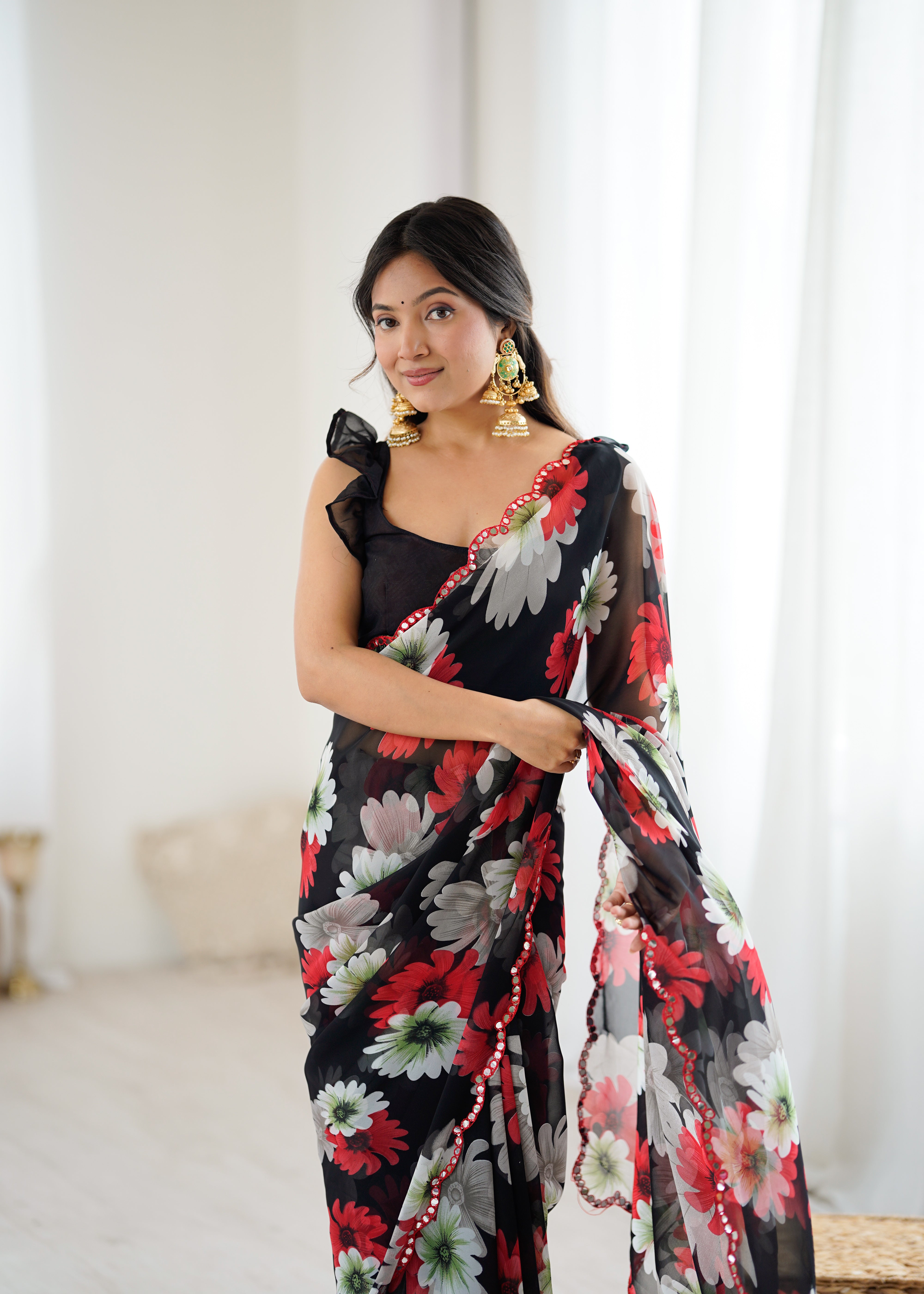 black Color georgette  Saree With Sequence Work