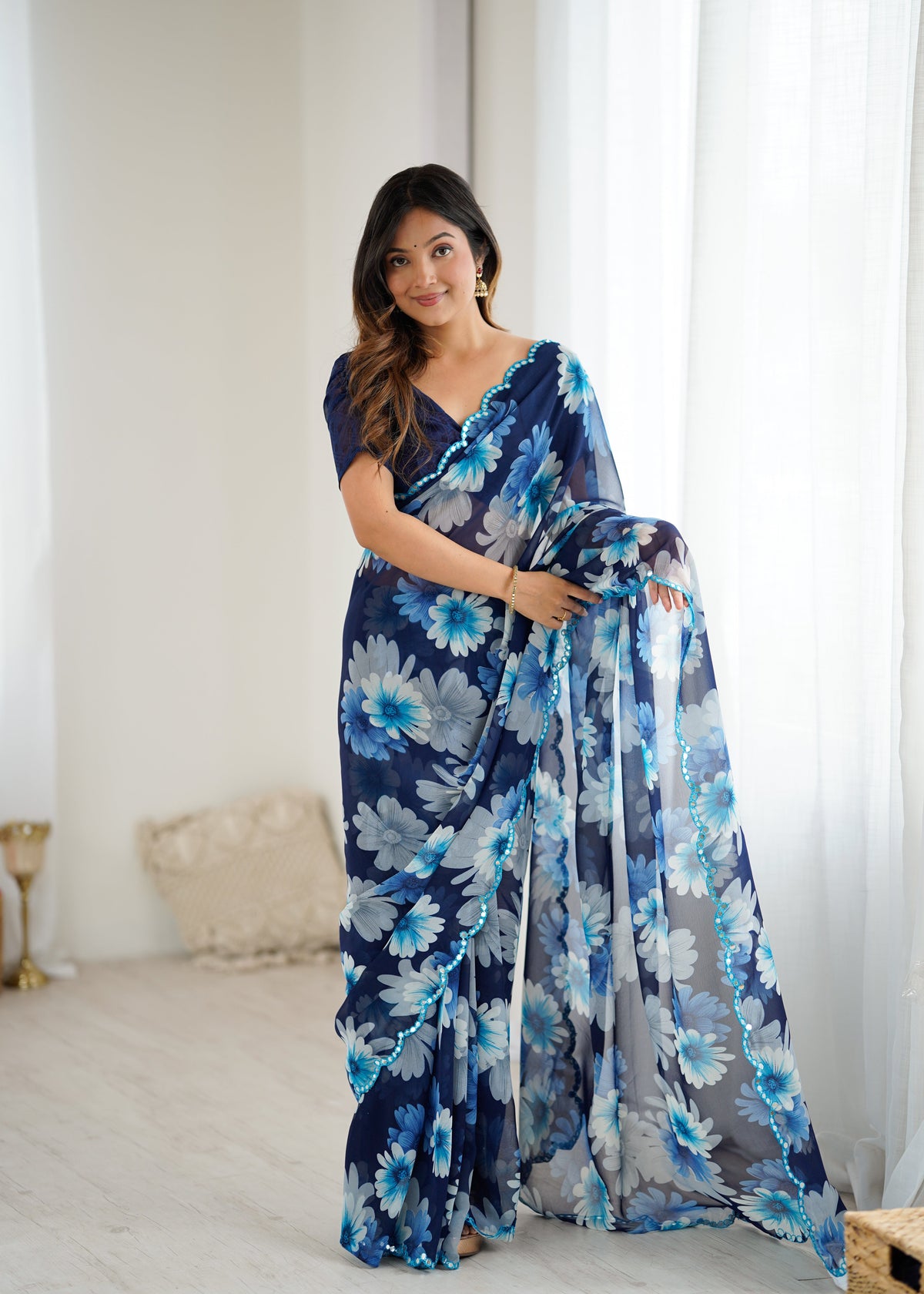 blue Color georgette  Saree With Sequence Work