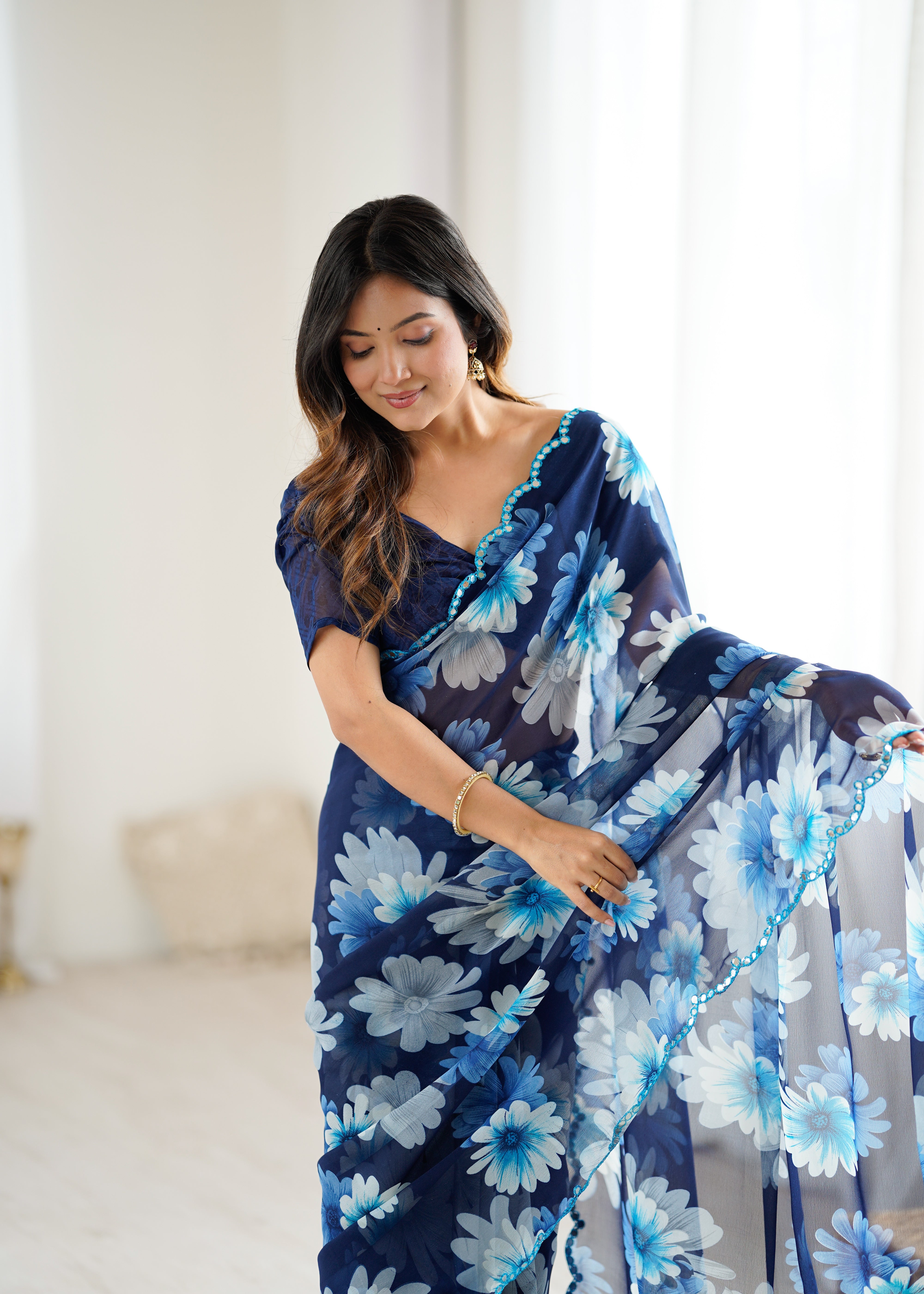 blue Color georgette  Saree With Sequence Work