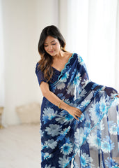 blue Color georgette  Saree With Sequence Work