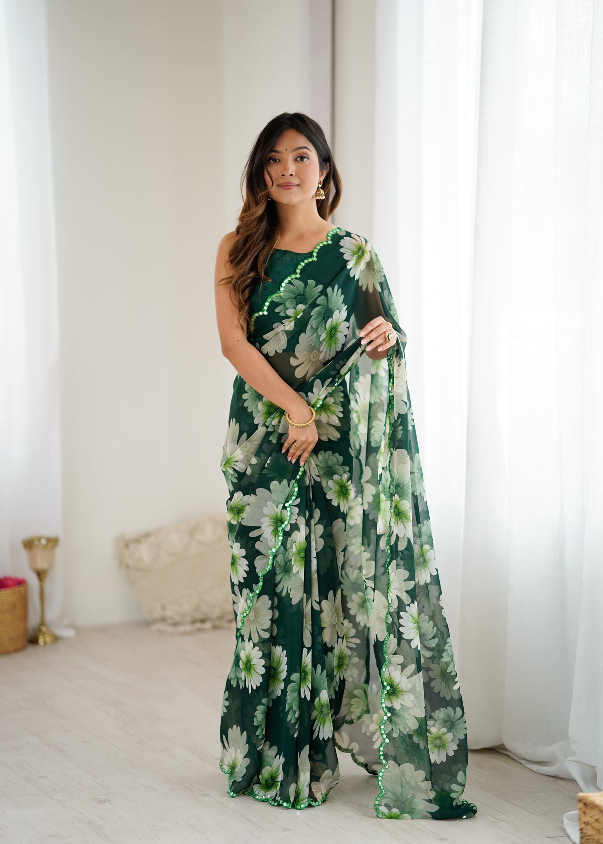 green Color georgette  Saree With Sequence Work