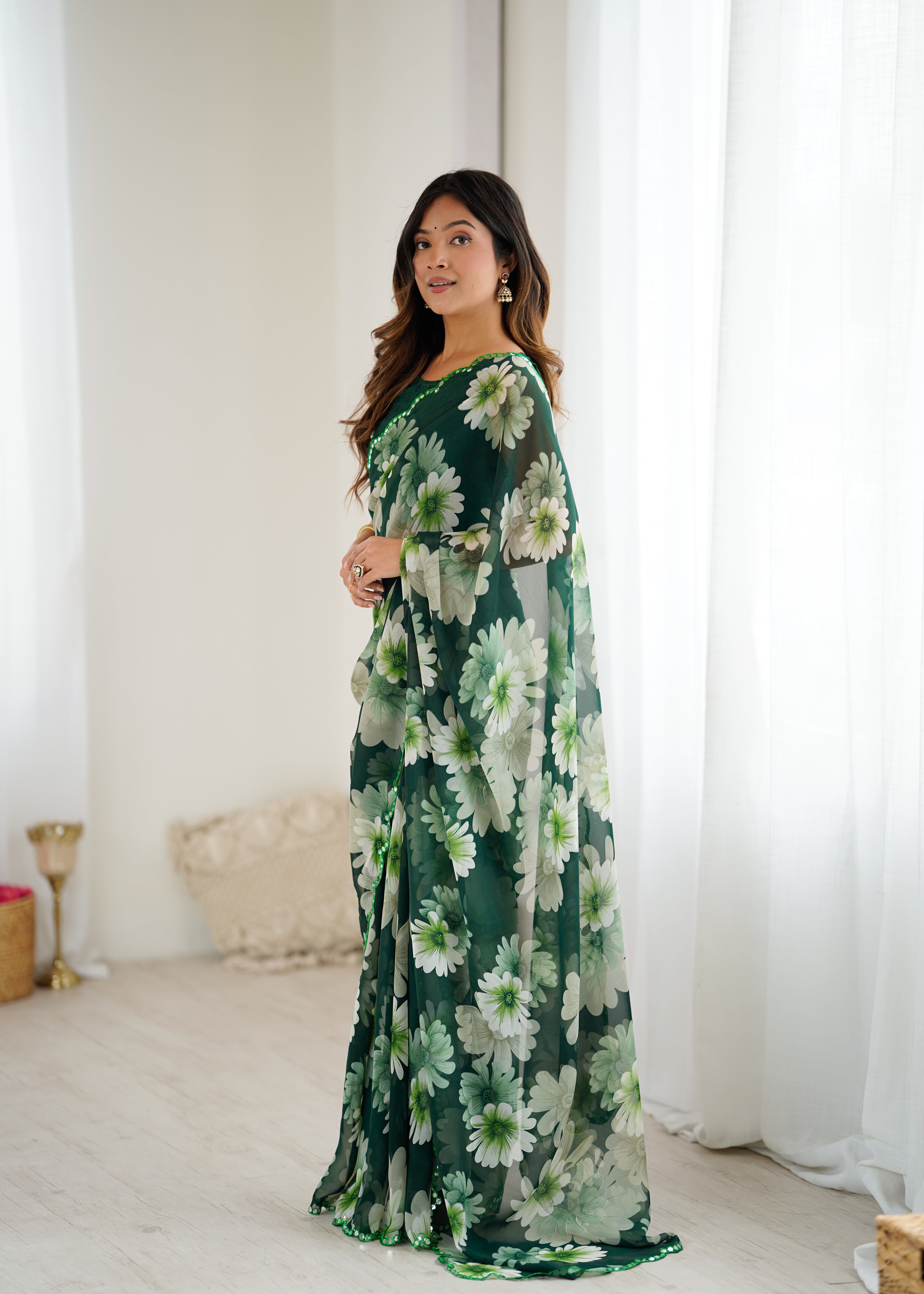 green Color georgette  Saree With Sequence Work