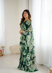 green Color georgette  Saree With Sequence Work