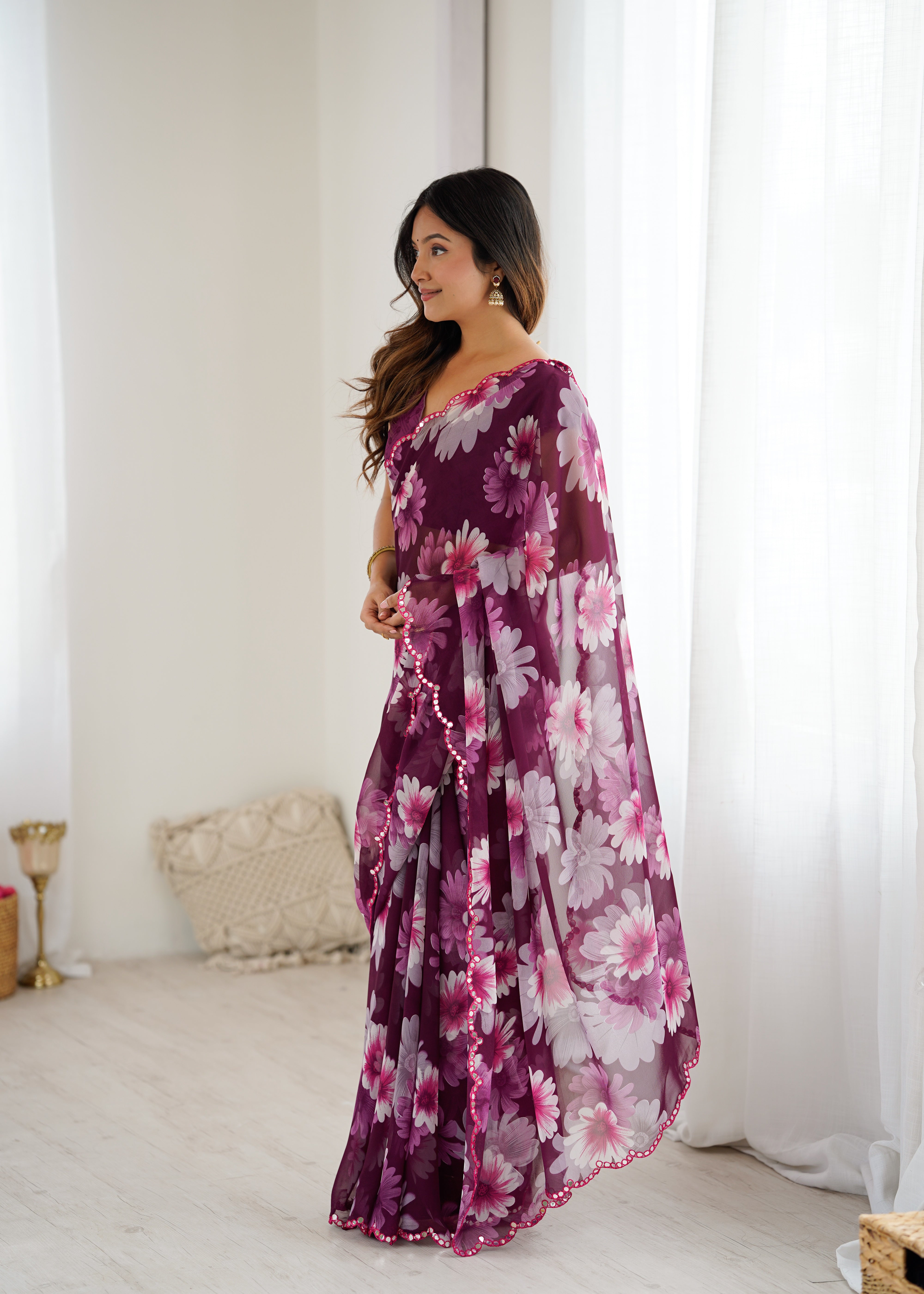 purple Color georgette  Saree With Sequence Work
