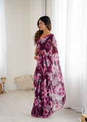 purple Color georgette  Saree With Sequence Work