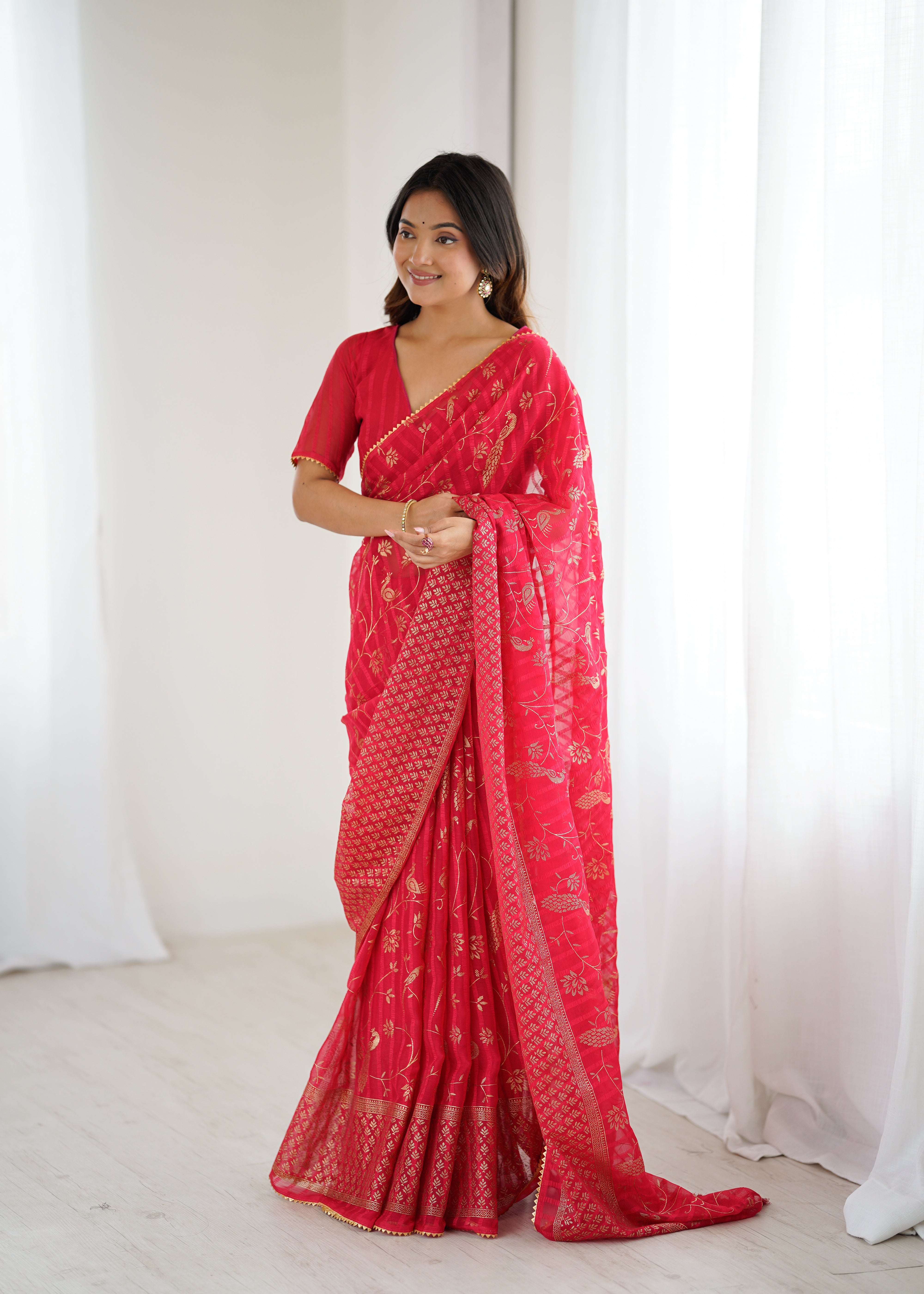 red Color georgette  Saree With Sequence Work