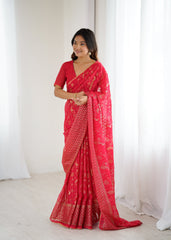 red Color georgette  Saree With Sequence Work