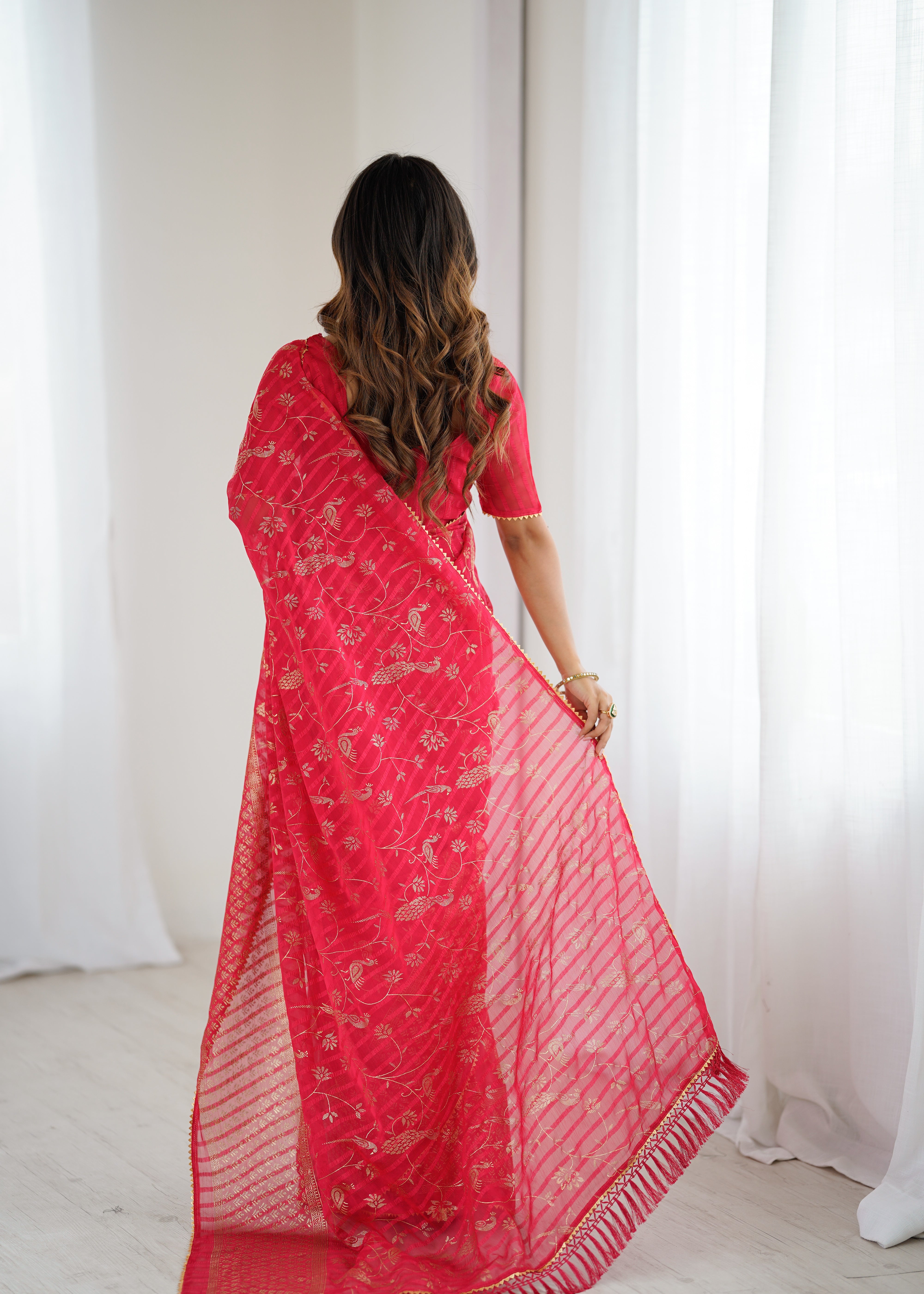 red Color georgette  Saree With Sequence Work