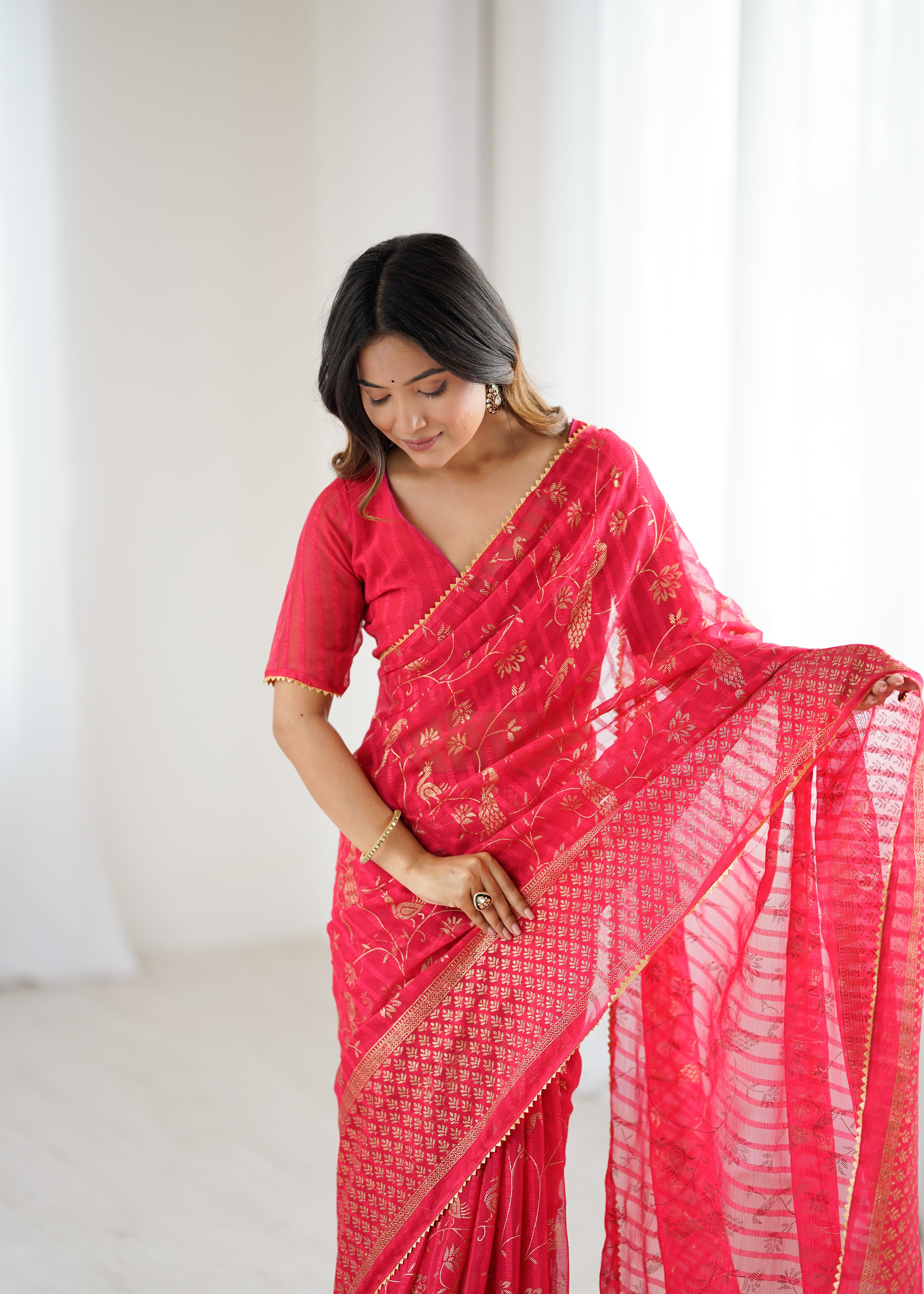 red Color georgette  Saree With Sequence Work