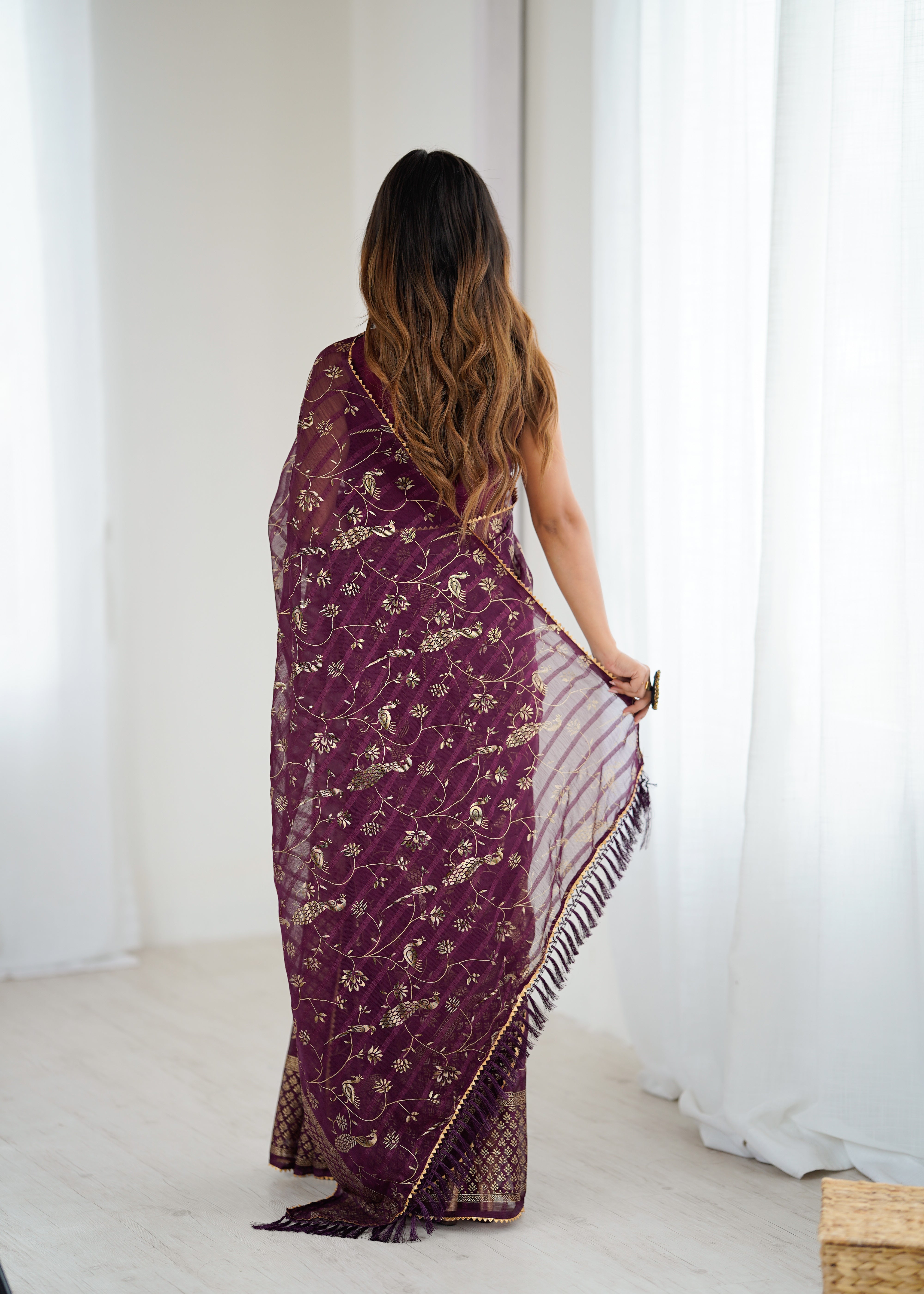 wine Color georgette  Saree With Sequence Work
