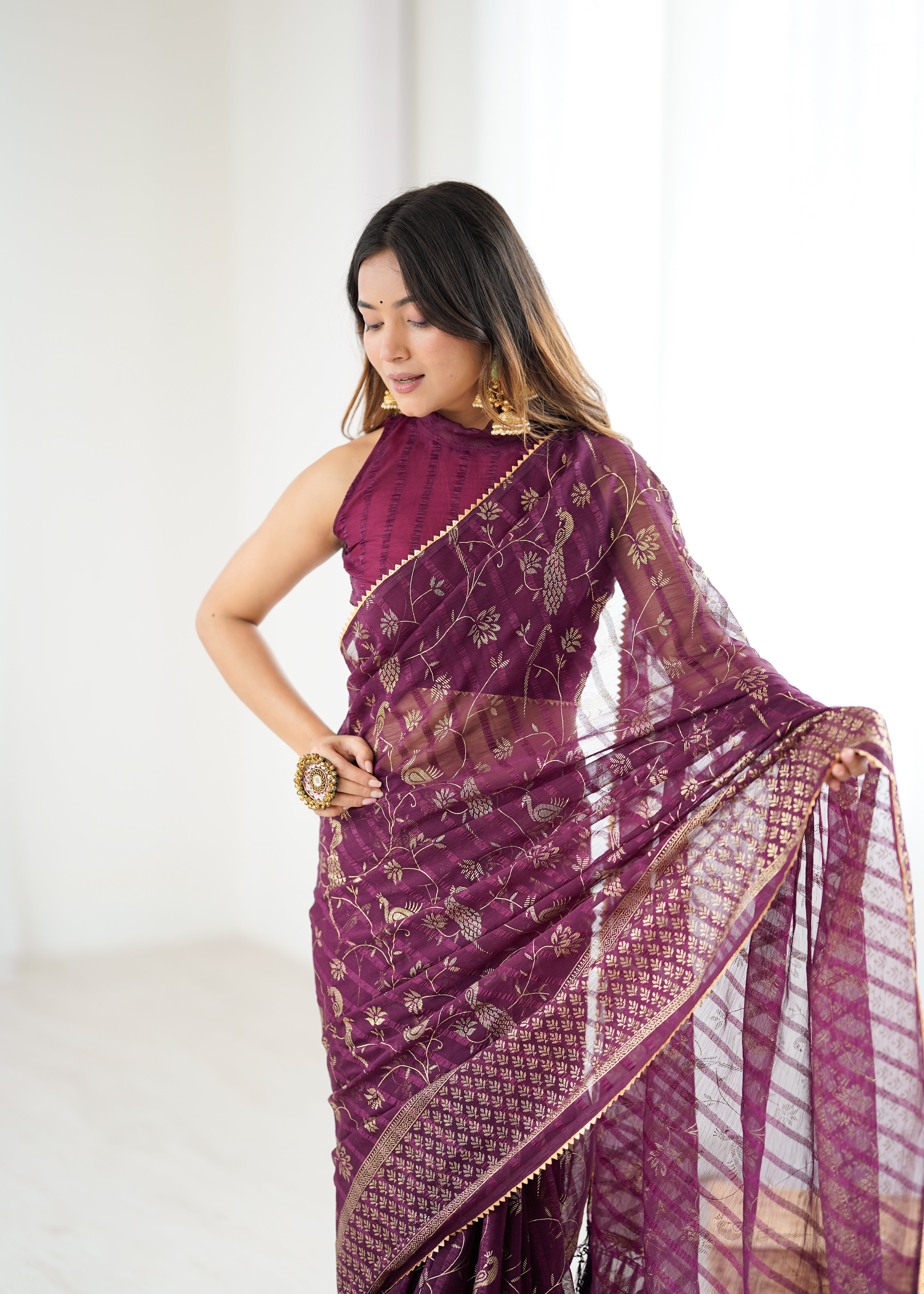 wine Color georgette  Saree With Sequence Work